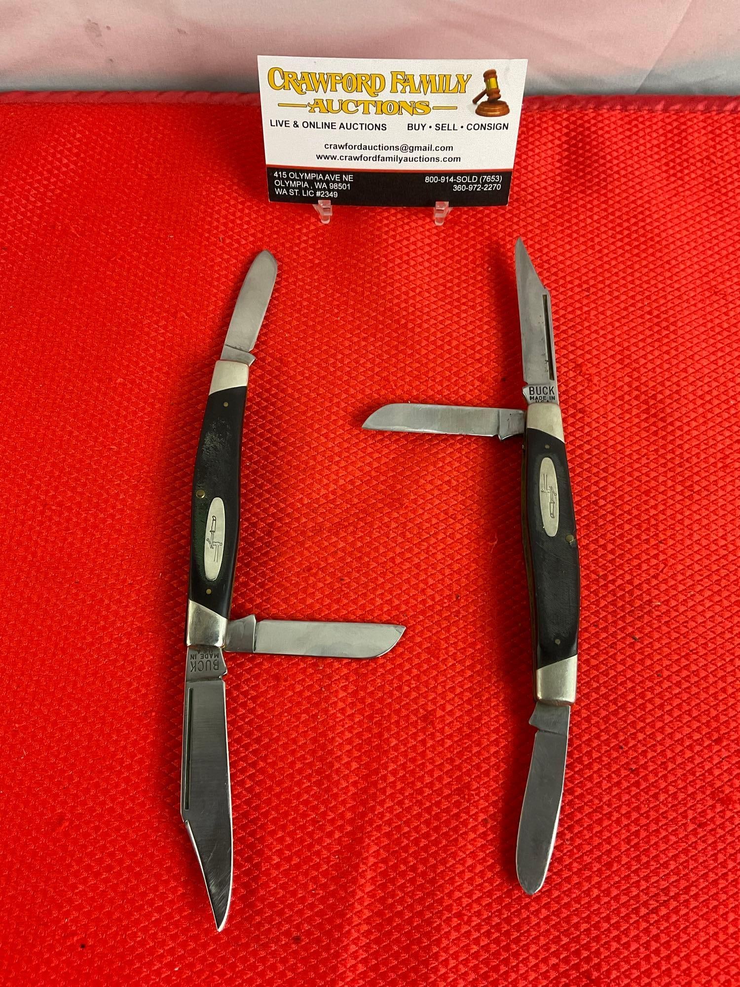 2 pcs Vintage Buck 3" Steel Folding 3-Blade Stockman Knives w/ Delrine Handles. No Number. See pi... (1 of 8)