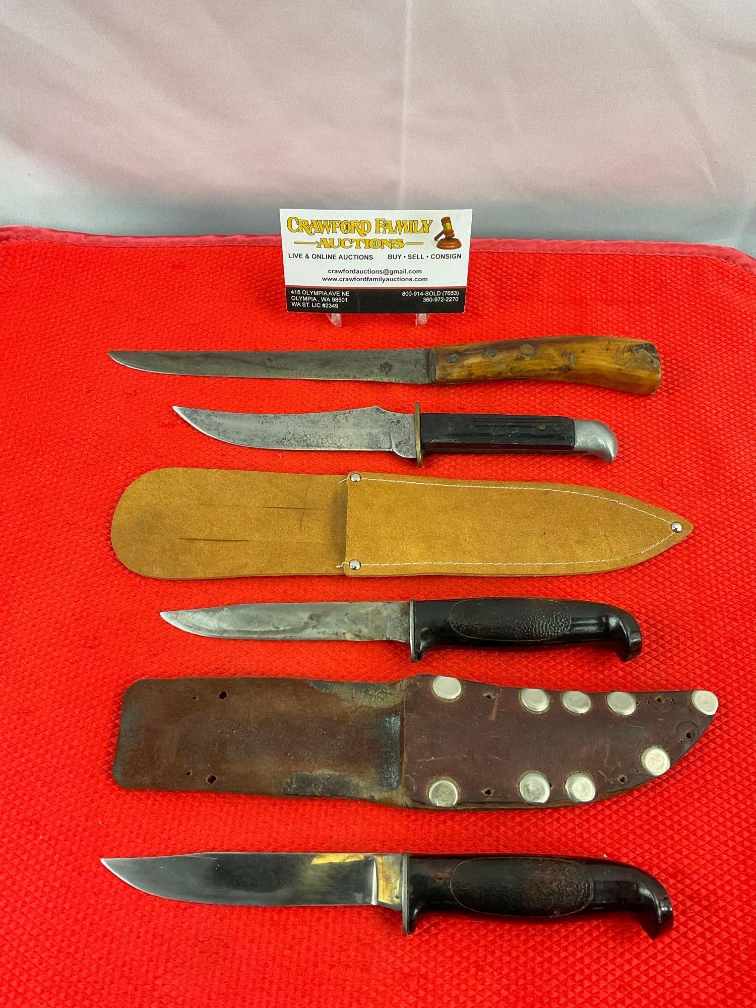 4 pcs Vintage Steel Fixed Blade Knives. Unknown Makers & Models. No Hallmarks. See pics. (1 of 9)