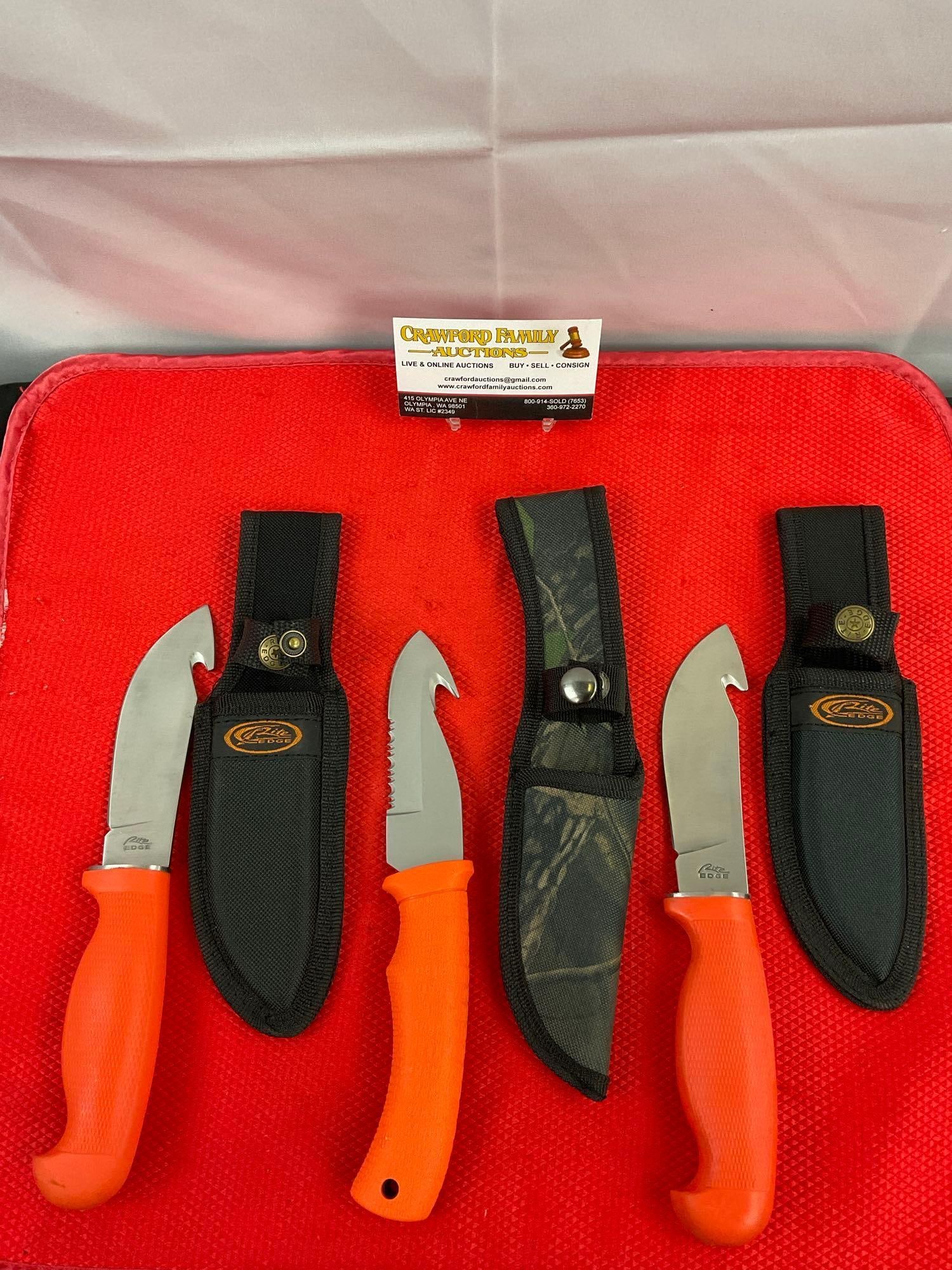 3 pcs Rite Edge Steel Fixed Blade Hunting Knives w/ Guthook, Orange Handles & Nylon Sheathes. See (1 of 7)