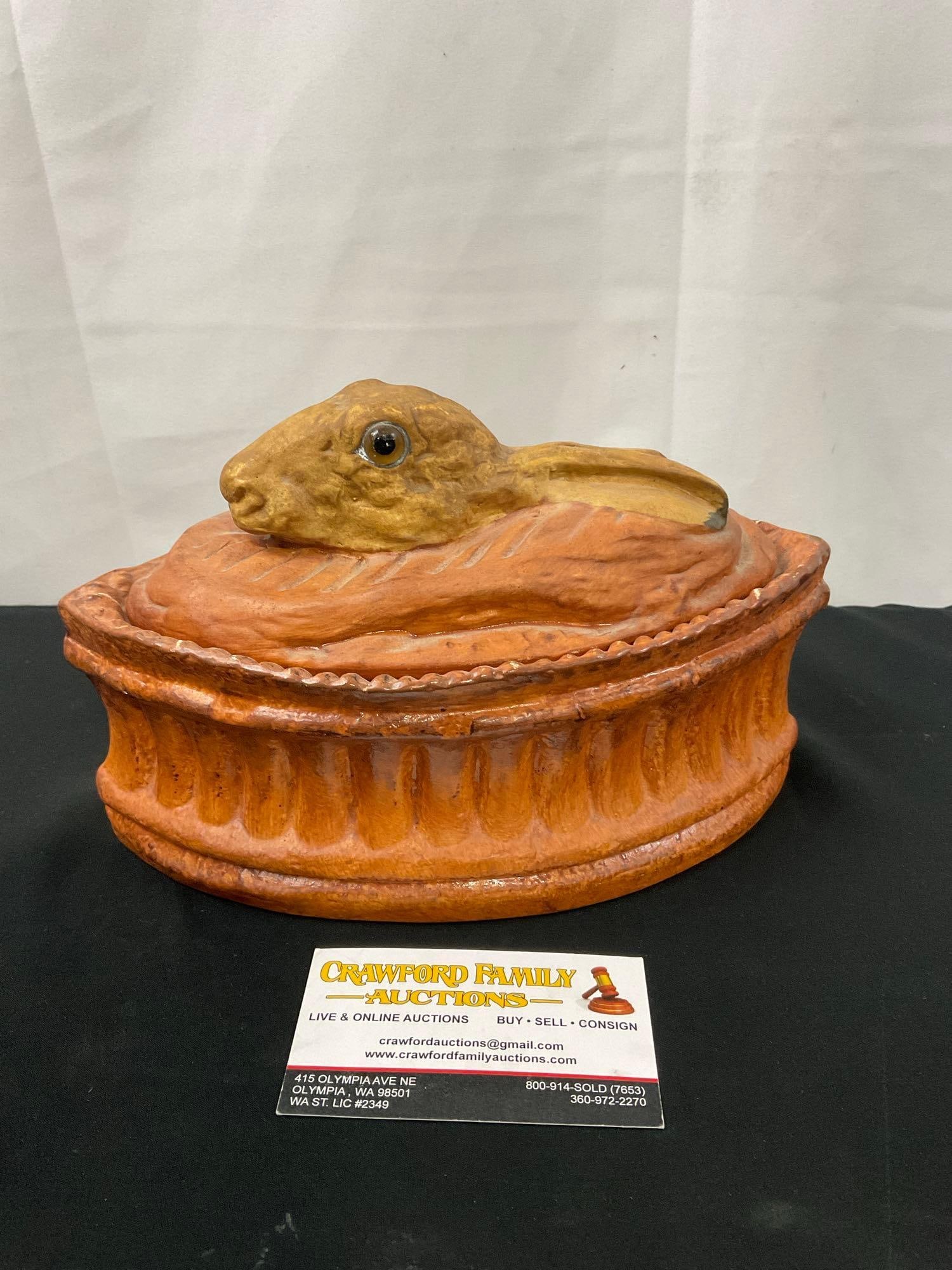 Antique 1900s Pillivuyt Rabbit Tureen, Bisque Porcelain En Croute w/ Glass Eyes: Appears to be in good shape. Measures approx 4.5h x 9w x 4.5d inches. See pics. E-2682