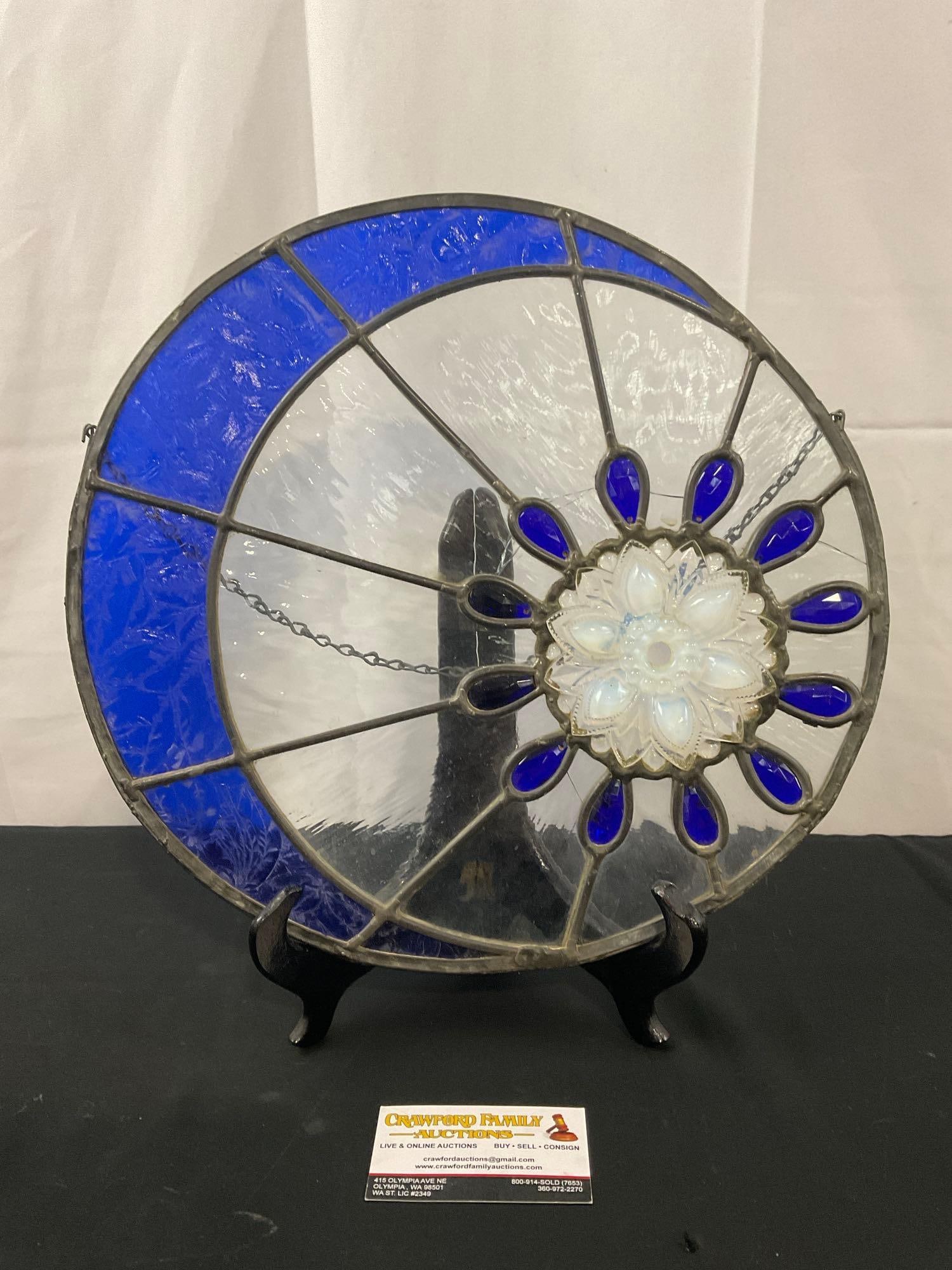 Sun & Moon Stained Glass Panel, Blue & Clear Glass: Appears to be in good shape. Measures approx 14h x 15w inches. See pics. E-2682