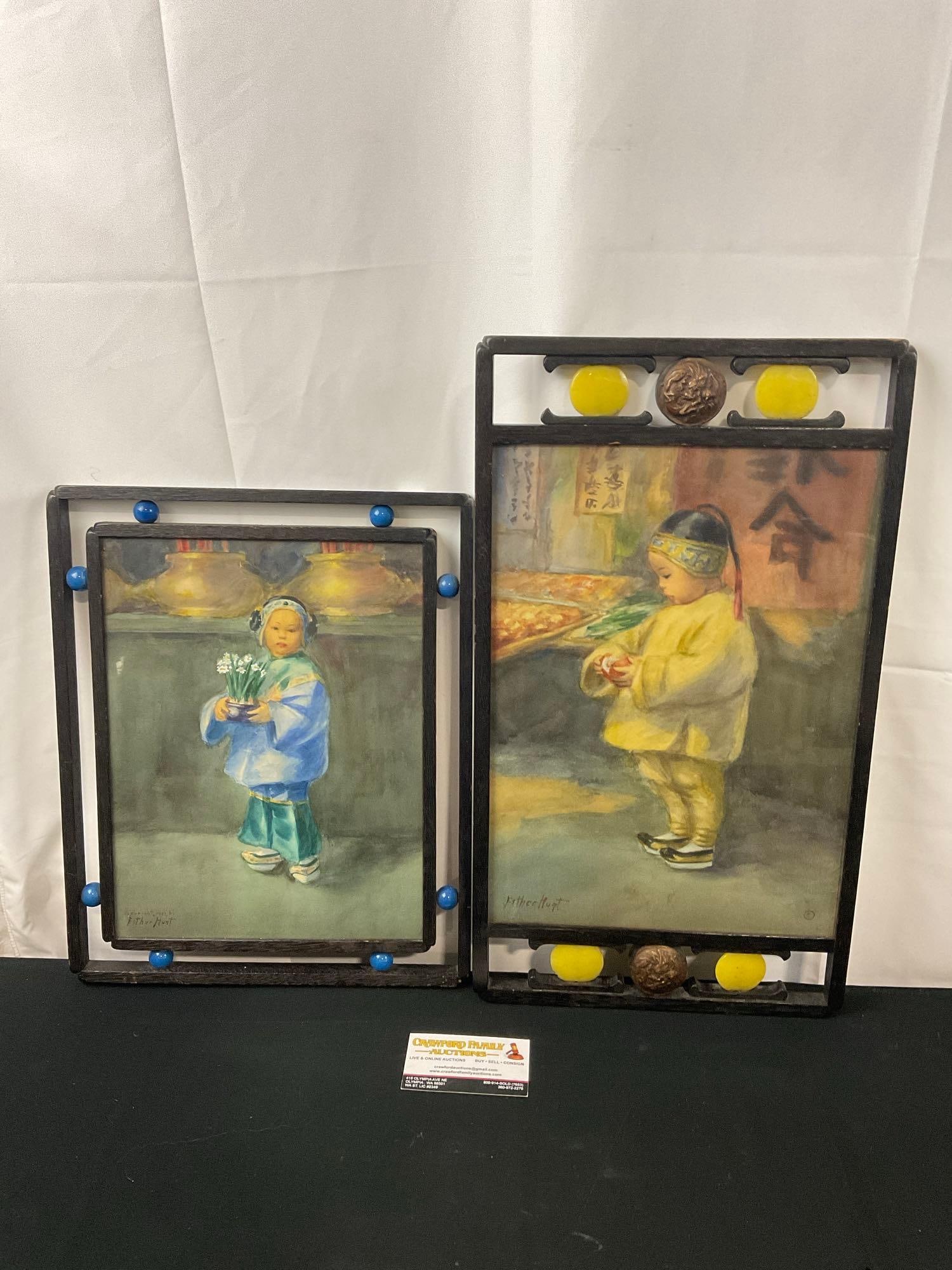 Pair of Framed antique Esther Anna Hunt prints, Little Kids in Chinatown, copyright 1903 (1 of 6)