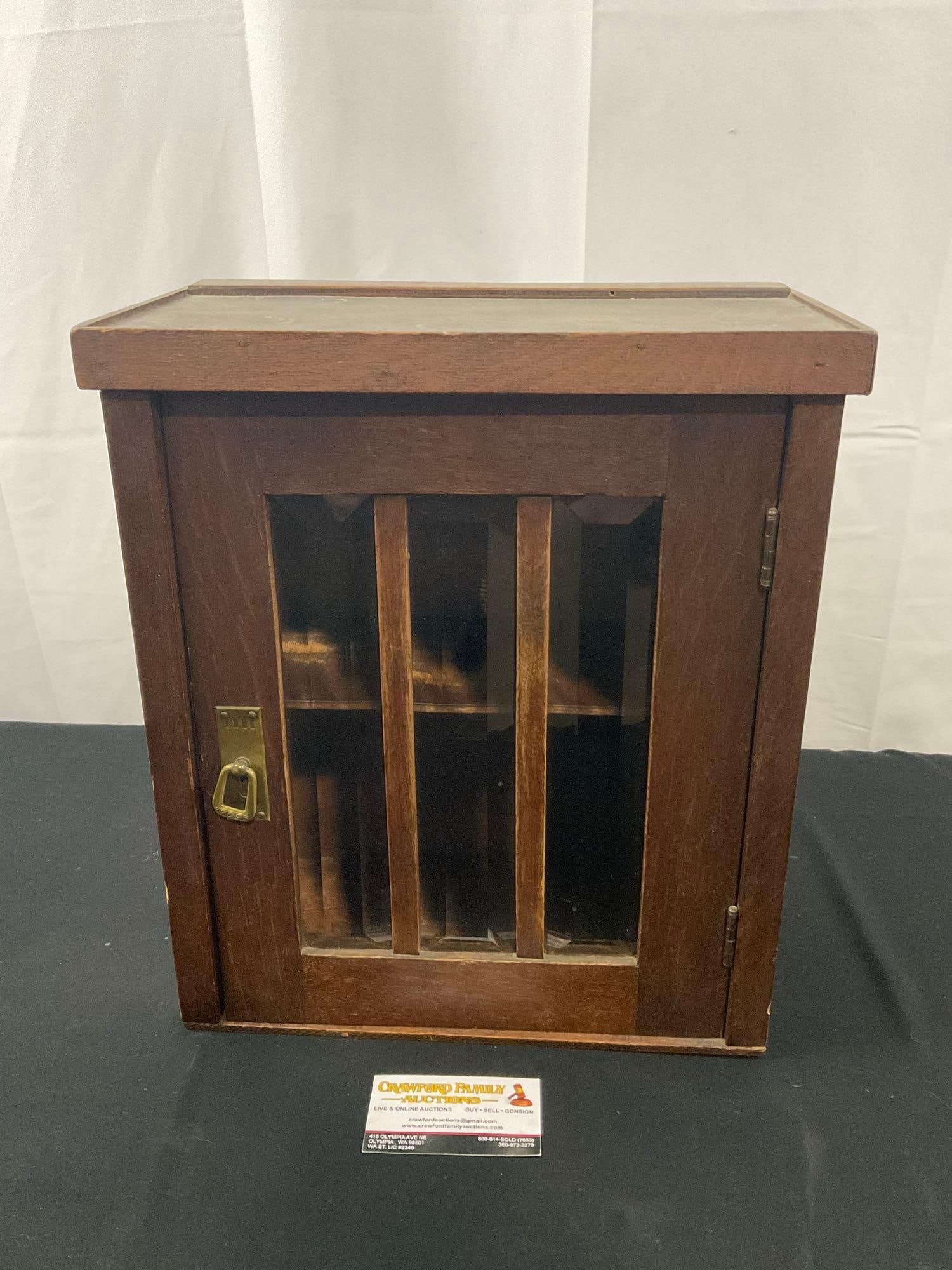 Antique Mahogany Medicine Cabinet w/ Beveled Glass Windows, Two Shelves: Appears to be in good shape. The piece measures approx 15.5h x 13.5w x 7d inches. See pics. E-2682