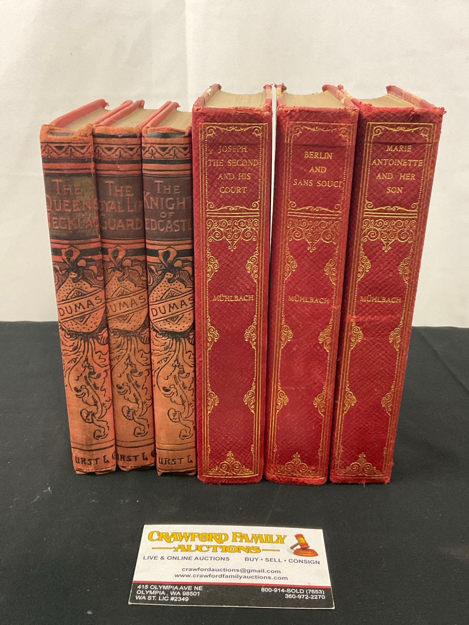 Antique Books, 1893 Trio of Dumas Romance Novels & Trio of 1905 Muhlberg Novels,: Includes Joseph II and his Court, Berlin and Sans-Souci, Marie Antoinette and Her Son. Appears to be in fair to good condition. See pics. E-2682