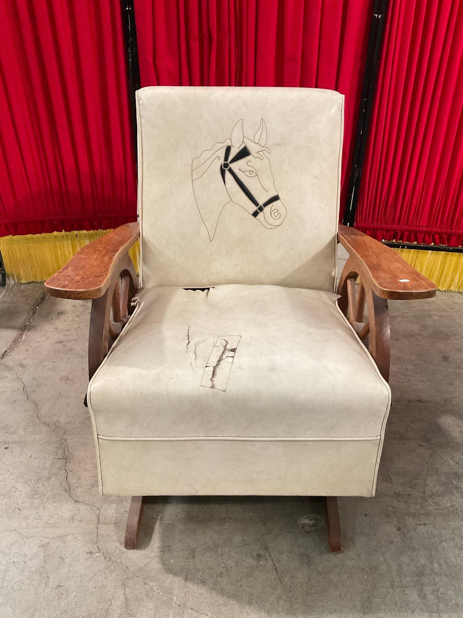 Vintage Wooden Rocking Chair w/ Cream Vinyl Upholstery, Wagon Wheel Arms & Horse Applique. See pi... (1 of 6)