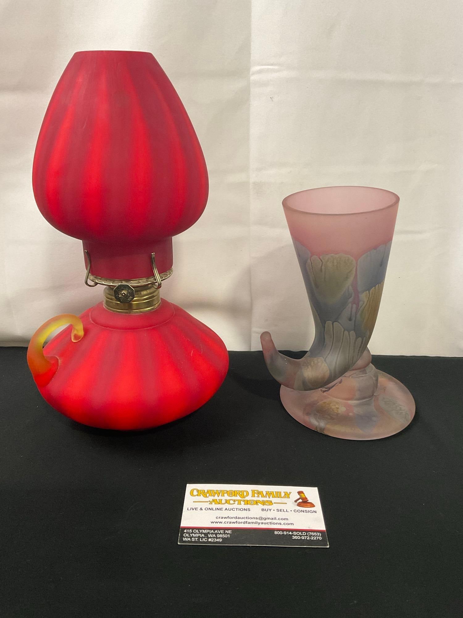 Reuven Satin Glass Cornucopia & Red Glass Eagle Lamp w/ Red matching Shade: Appears to be in good shape. The red Eagle piece measures approx 11 inches. See pics. E-2682