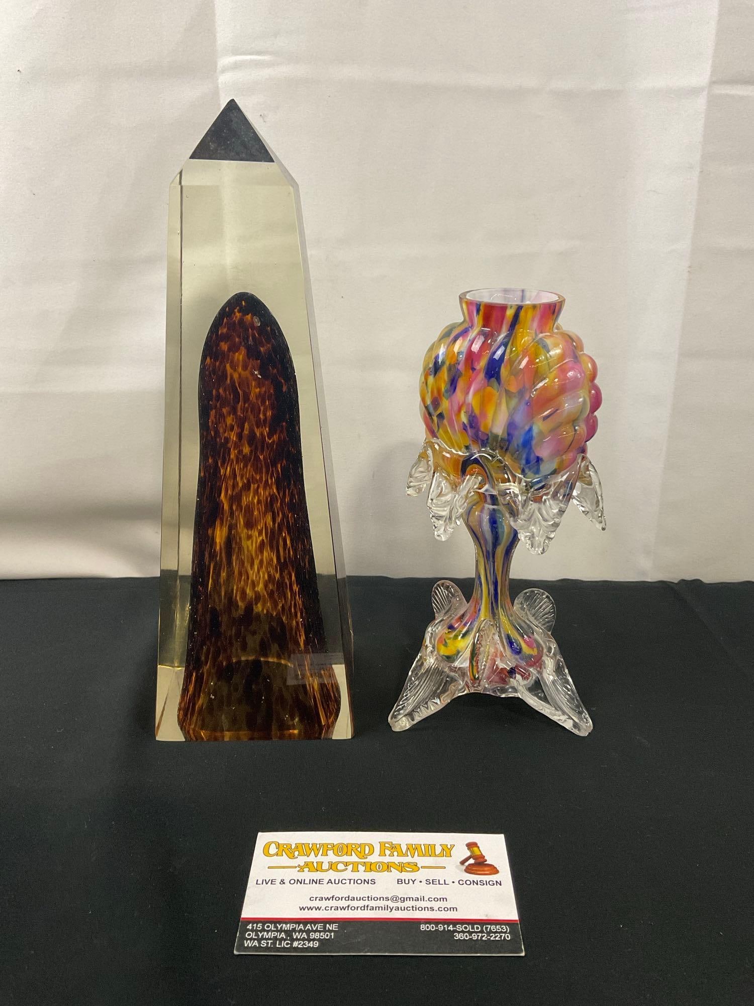 Franz Welz Spatter Glass Vase & Glass Obelisk w/ Tortoise Shell: Appears to be in good shape. The obelisk piece measures approx 9 inches tall. See pics. E-2682