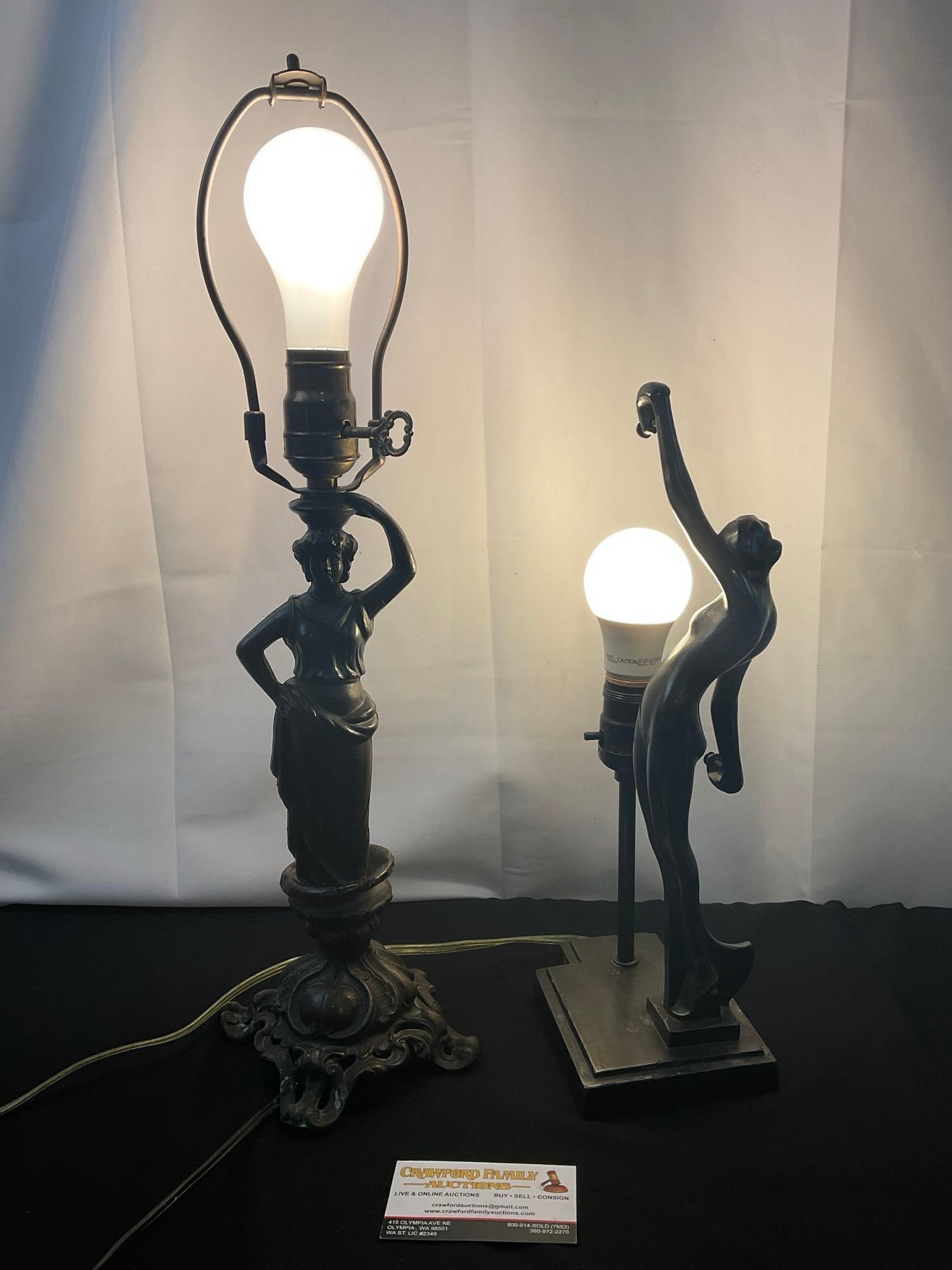 Pair of Vintage Cast Iron Figural Lamps, Victorian Metal Sculpture & Art Deco Frankart Nude Lamp: Neither piece has a shade or bulb. Both are tested and working. Appears to be in good shape. The taller piece measures approx 21 inches tall. See pics. E-2682