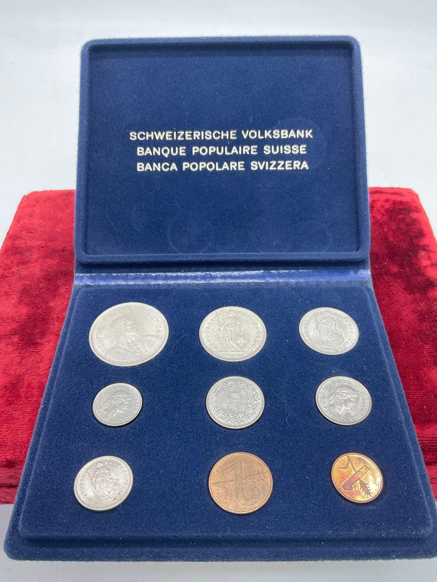 Vintage antique and vintage Swiss bank issue 9 pc coin set incl. silver coins, see pics for more (1 of 3)