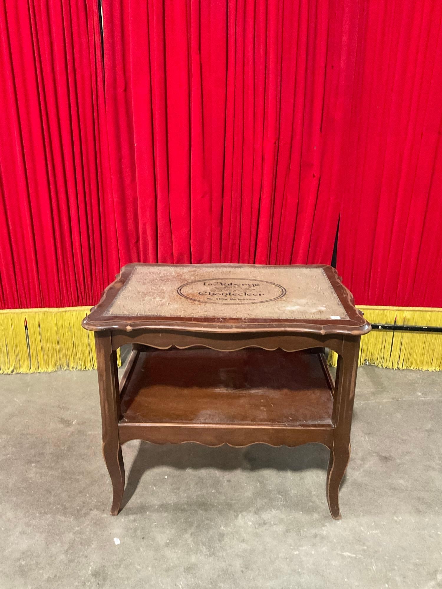 Antique Two-Tier Wooden Side or End Table w/ Antiqued Painted Top "L'Auberge Chantecleer." See pi... (1 of 6)