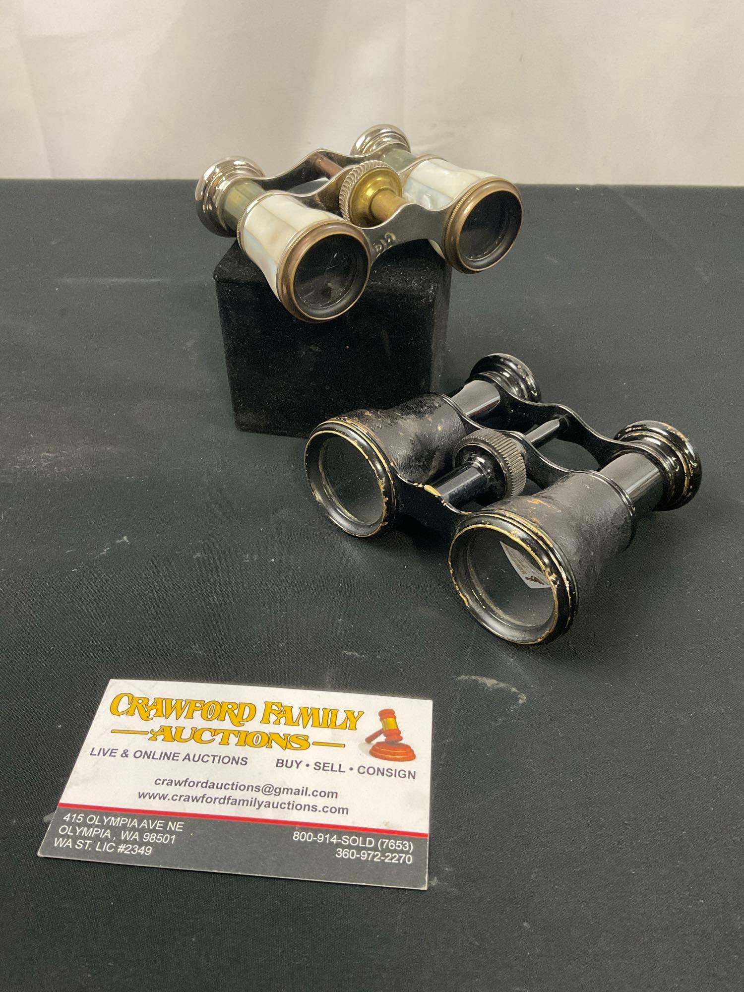 Pair of Antique French Opera Glasses, Verdi Paris black in color, & Chevalier Mother of Pearl Brass (1 of 4)