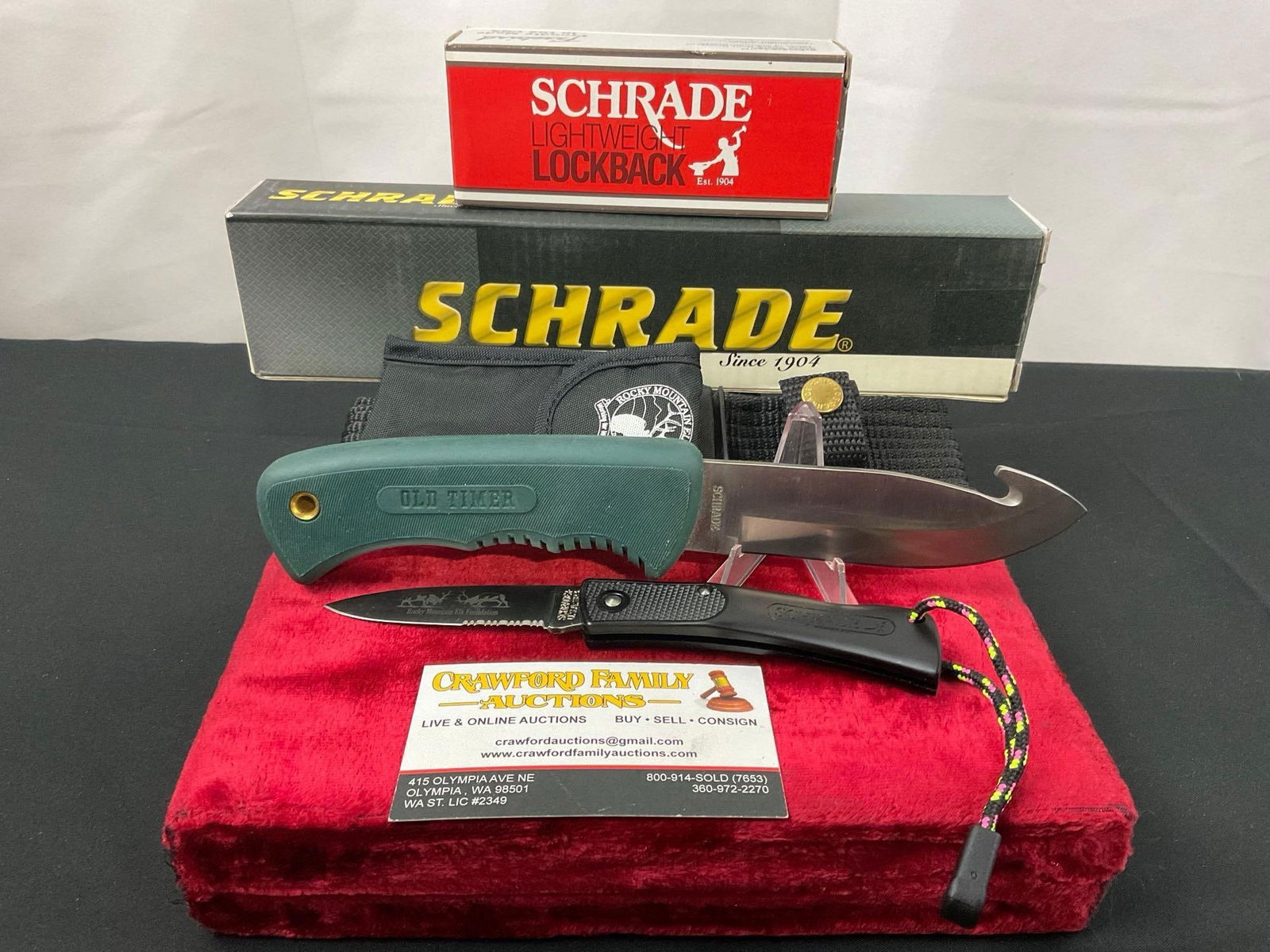 Pair of Schrade Knives, Folding SP3 & Fixed Blade Old Timer 143OT w/ sheaths and original boxes (1 of 3)