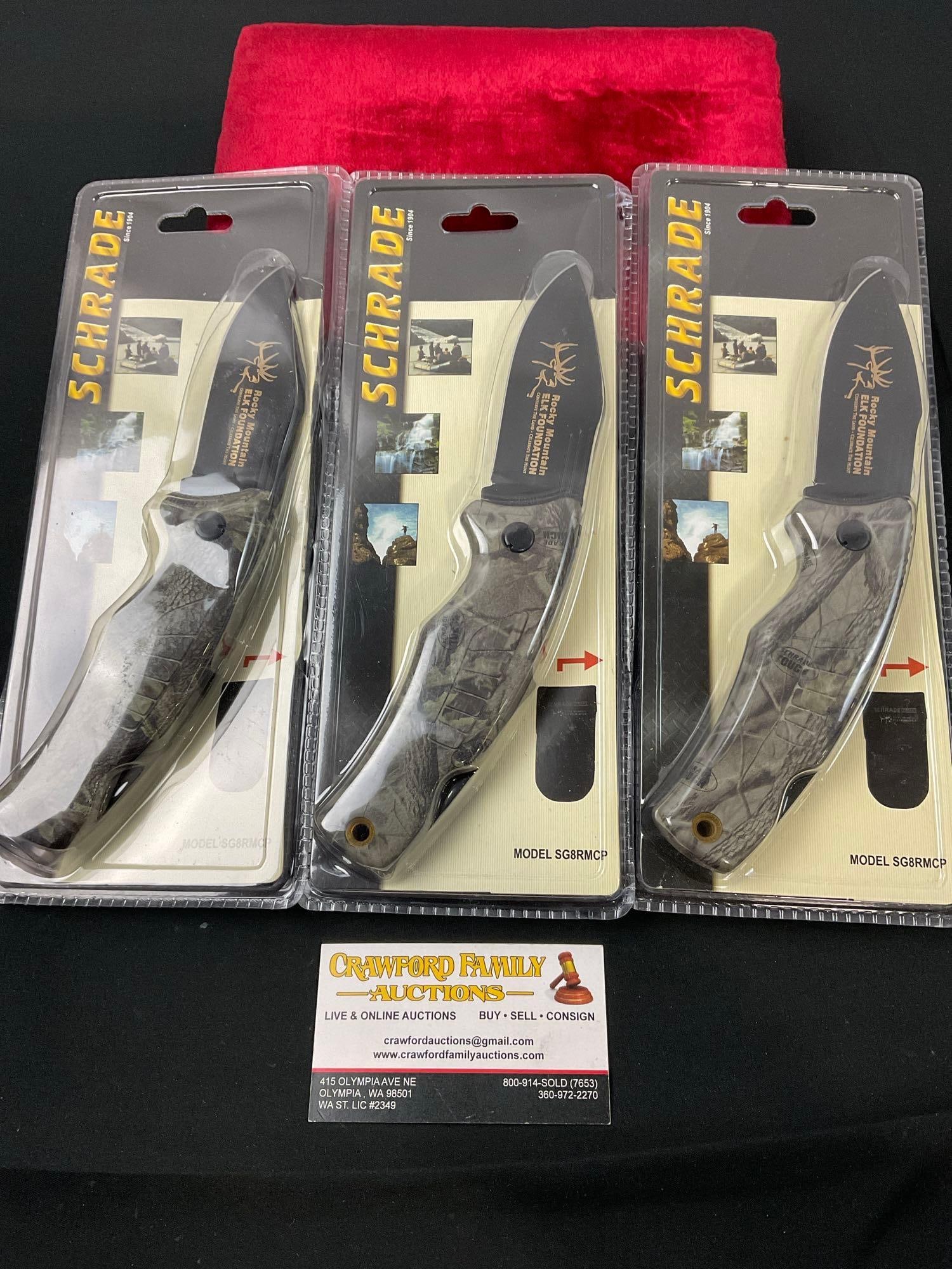 Trio of NIB Schrade model SG8RMCP Folding Knives, 2 are still sealed in packaging, w/ nylon sheaths (1 of 6)