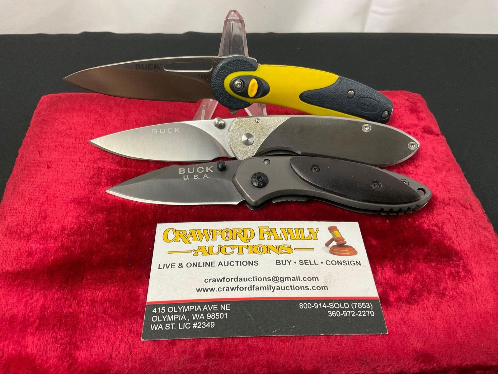 Trio of Modern Buck Folding Pocket Knives, models X11, 327 Nobleman, 766 Revel Yellow Button Lock (1 of 3)
