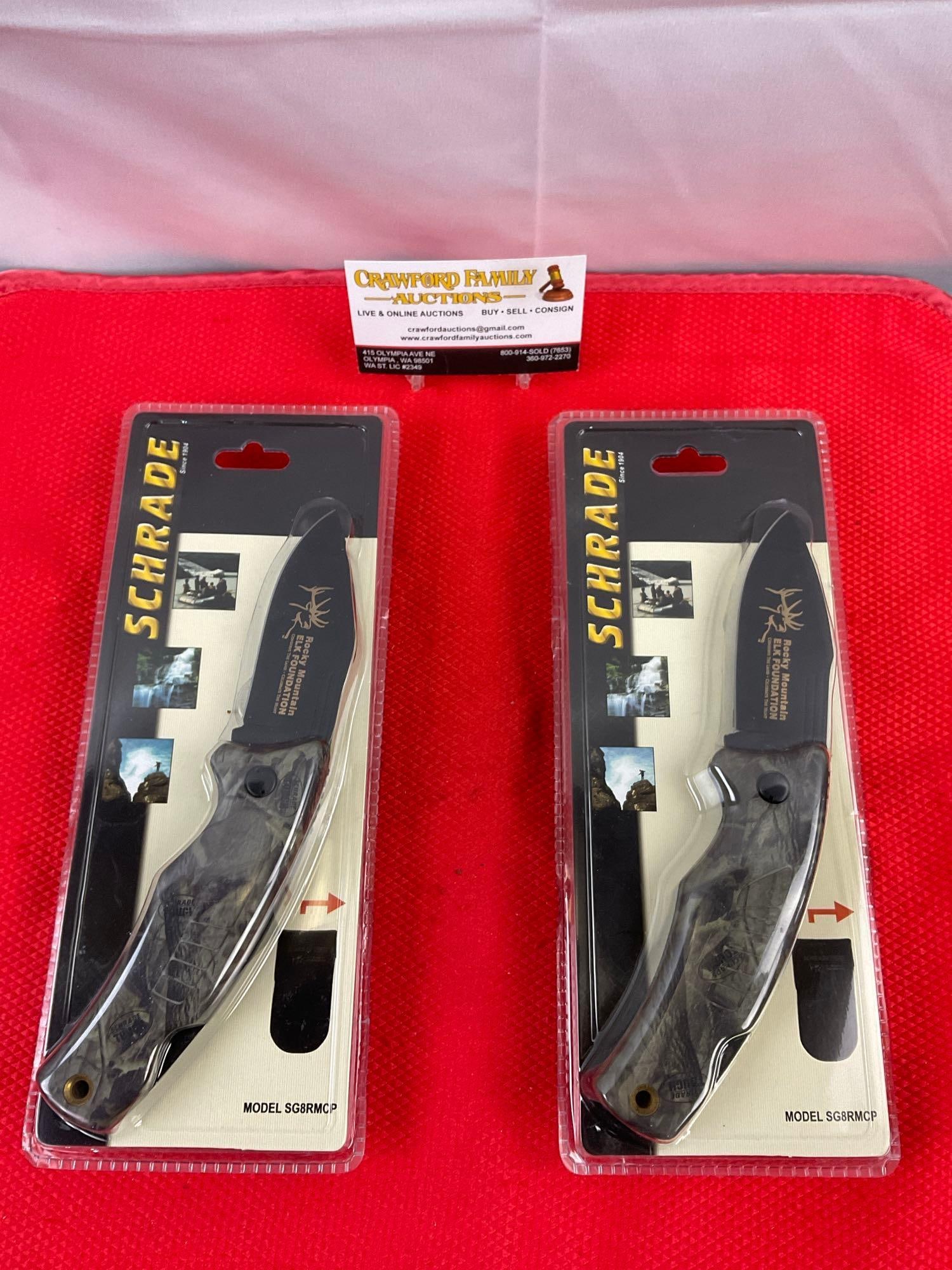 Pair of Schrade 3.5" Steel Folding Blade Hunting Knives w/ Sheathes Model SG8RMCP. NIB. See pics. (1 of 3)
