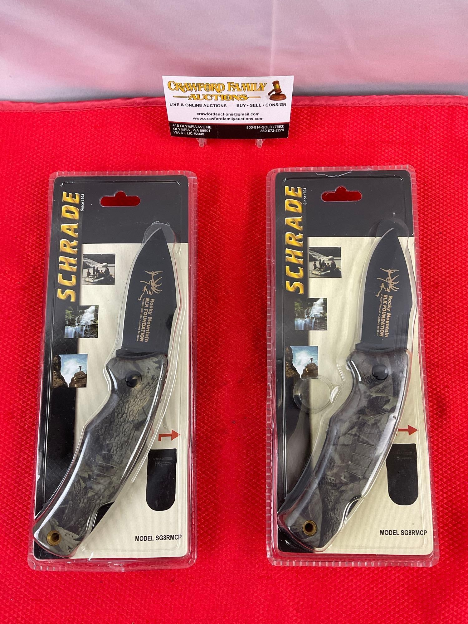 Pair of Schrade 3.5" Steel Folding Blade Hunting Knives w/ Sheathes Model SG8RMCP. NIB. See pics. (1 of 4)