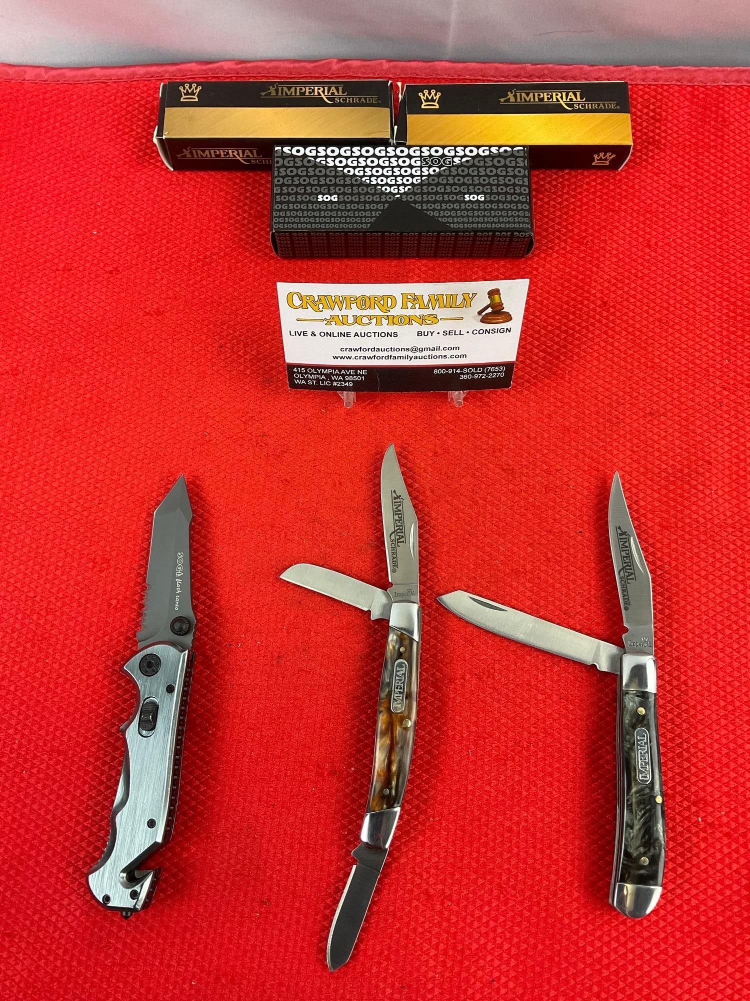 3 pcs Steel Folding Blade Pocket Knife Assortment. 2x Schrade Imperial, 1x SOG. NIB. See pics. (1 of 10)