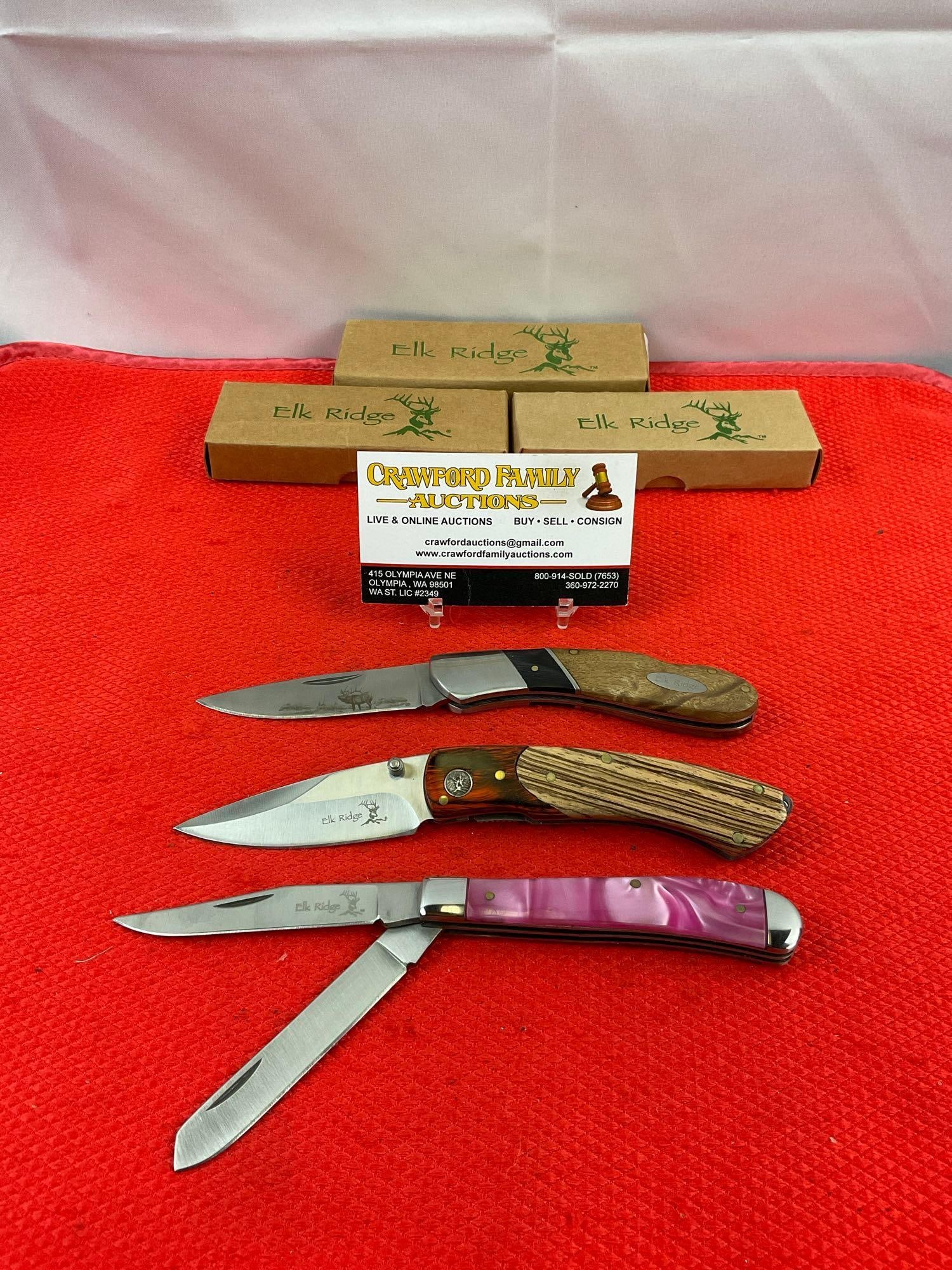 3 pcs Elk Ridge 440 Stainless Steel Folding Blade Pocket Knives Models ER-72D, ER-301. NIB. See (1 of 5)