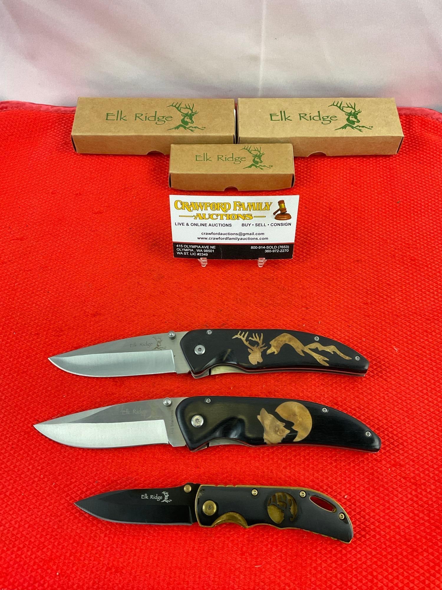 3 pcs Elk Ridge 440 Steel Folding Blade Pocket Knives Models ER-080D, ER-080W, ER-134. NIB. See (1 of 8)