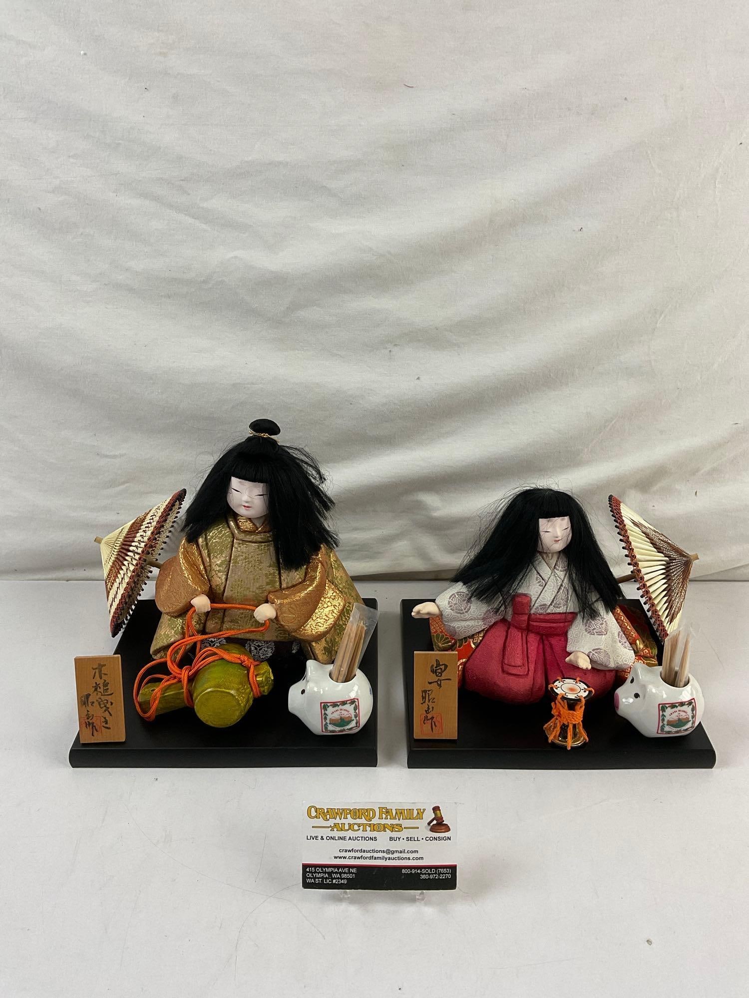 2 pcs Vintage Handmade Japanese Cloth Dolls w/ Stands & Miniature Accessories. See pics.: 2 pcs Vintage Handmade Japanese Cloth Dolls w/ Stands & Miniature Accessories. Handmade by consignor, a survivor of the Japan bombings who worked at a parachute factory during WWII. Measures 8" x 