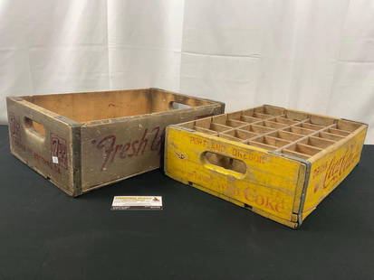 Pair of Vintage Soda Bottle Iron Banded Wooden Cases 24 pack, 7 Up & Coca-Cola: Appears to be in good shape. The 7-Up piece is a bit larger and measures approx 5.75h x 17.75w x 11.75d inches. See pics. E-2684 