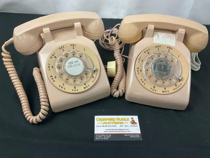 Pair of Vintage Rotary Phones, Pink in Color Bell System by Western Electric: Appears to be in good shape. The pieces measures approx 5h x 8w x 9d inches. See pics. E-2684 