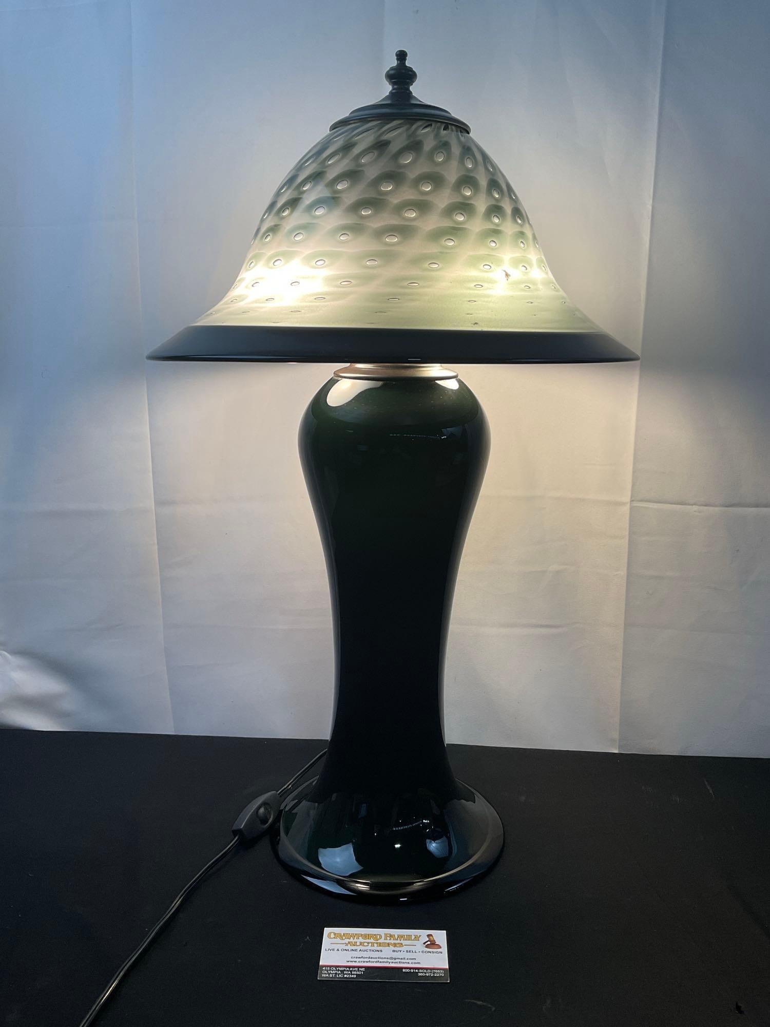 Unique vintage 2004 Blown Glass Table Lamp, Dark Green w/ bubbled shade by Davis Glass (1 of 7)