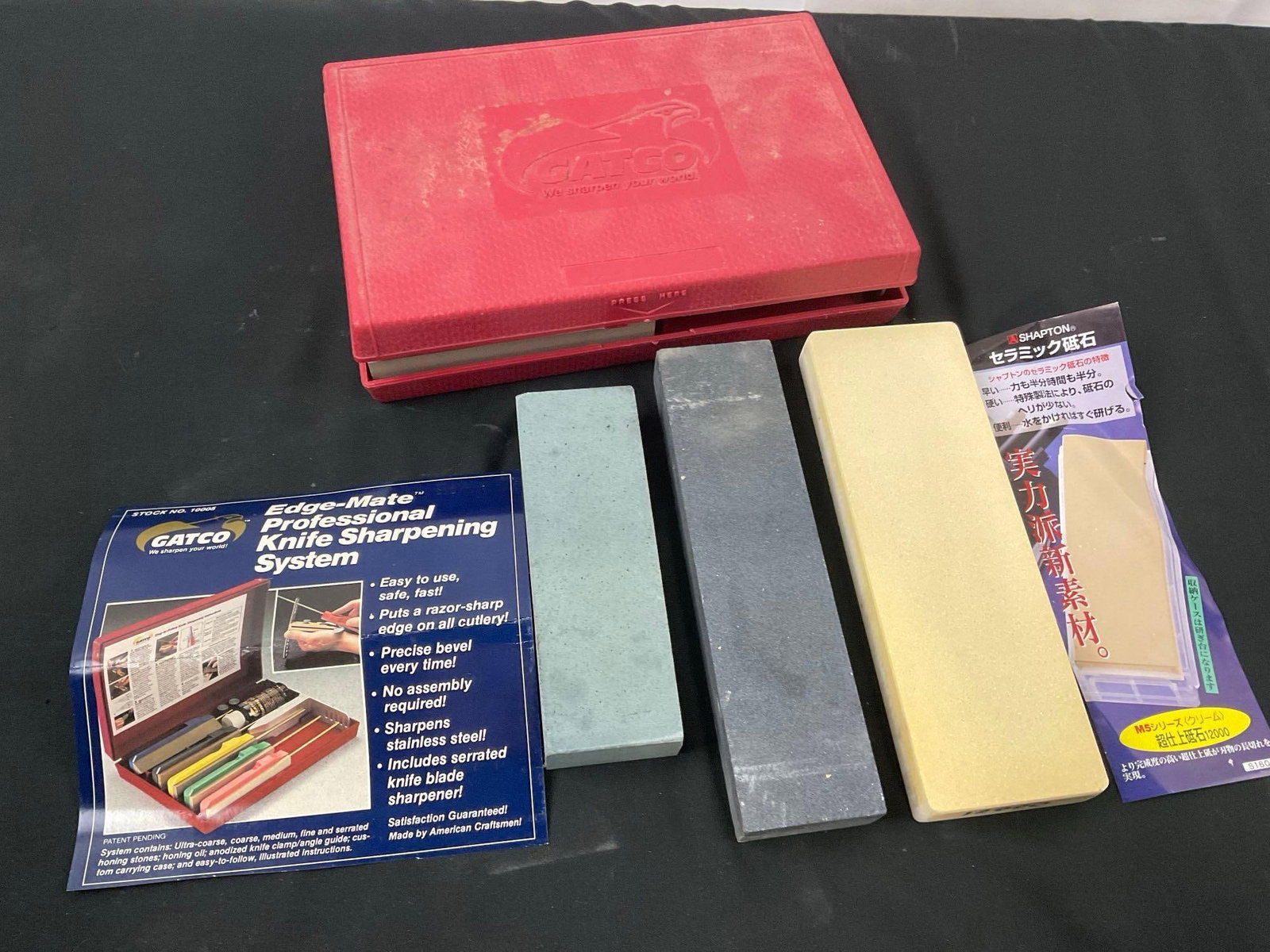 Gatco Edge-Mate Knife Sharpening Set & trio of Whetstones, incl. Shapton Japanese 12000 Grit Brick: Appears to be in good shape. Seems to be lightly used. See pics. E-2670