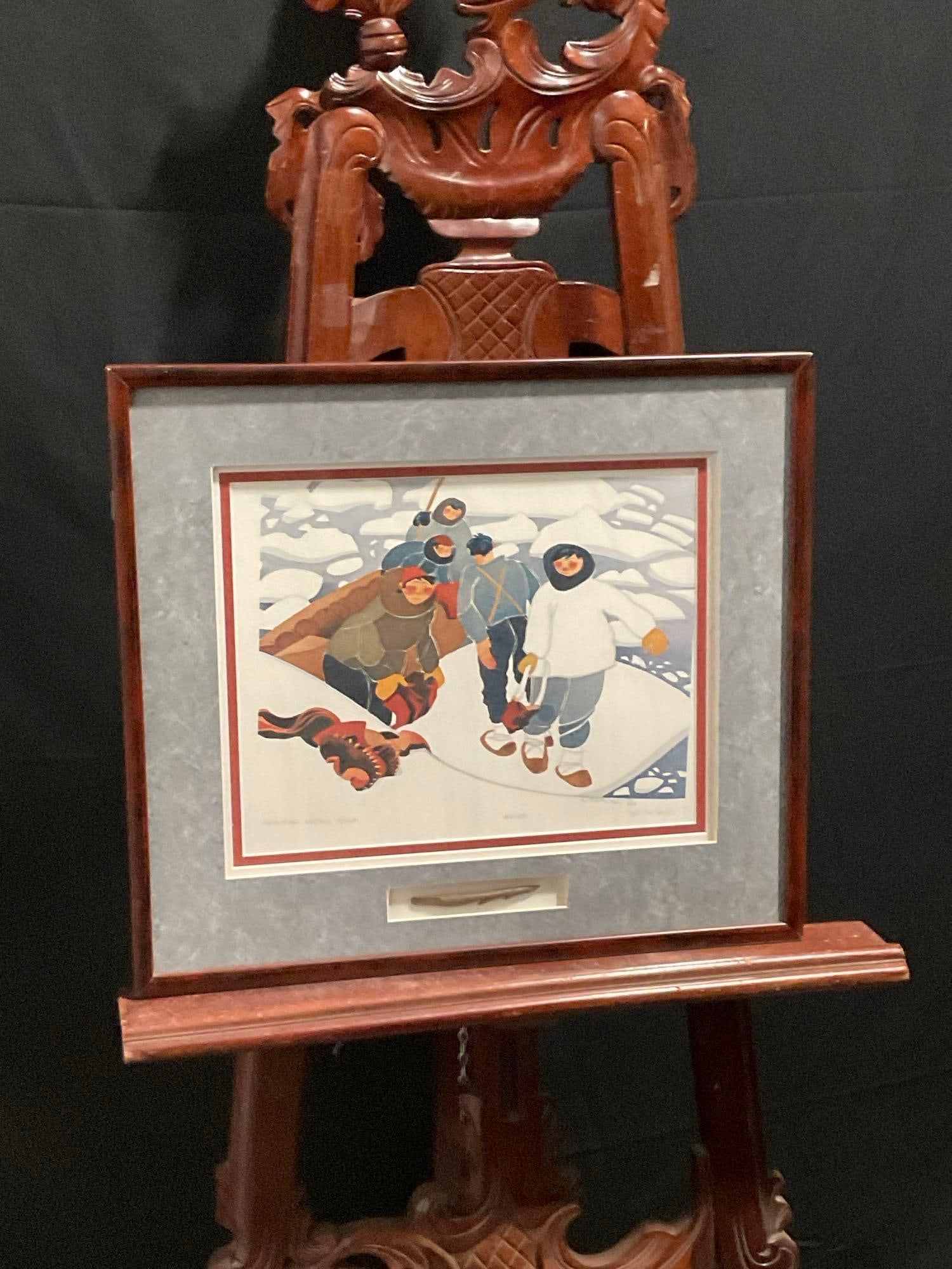 Framed 1986 Litho Signed & #d 682/750 titled Unloading Walrus Meat by Rie Munoz w/ Fishing Spear ... (1 of 7)