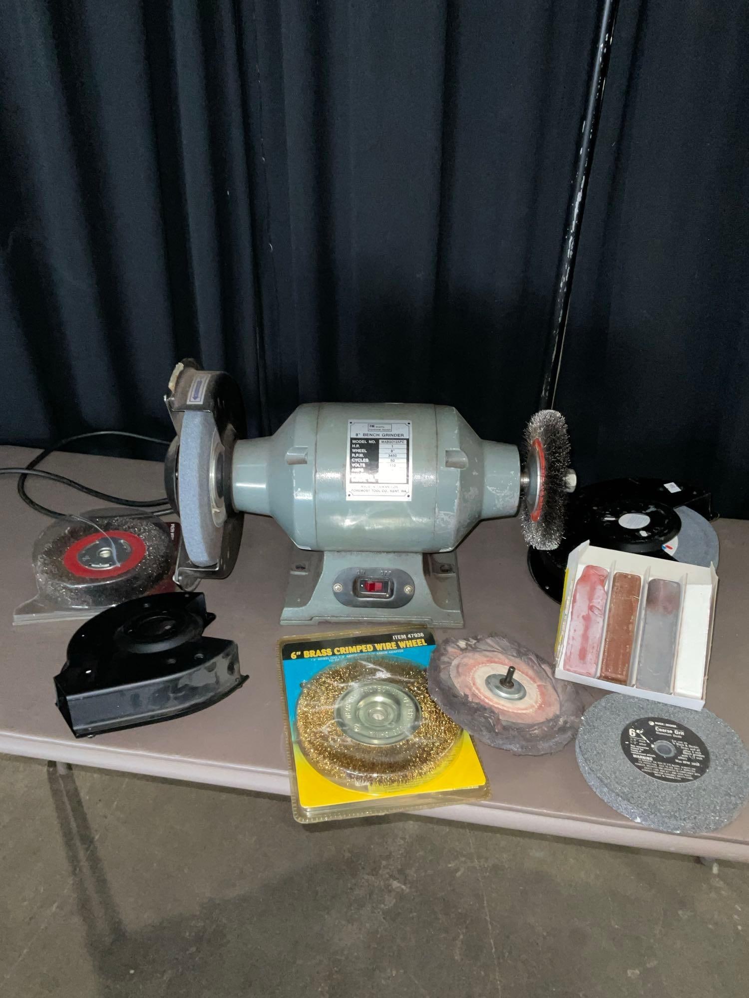 Foremost Tools 8" Bench Grinder w/ 3 Wire Wheels, 3 Course Wheels, & Buffing Wheel + 4bar Set (1 of 5)