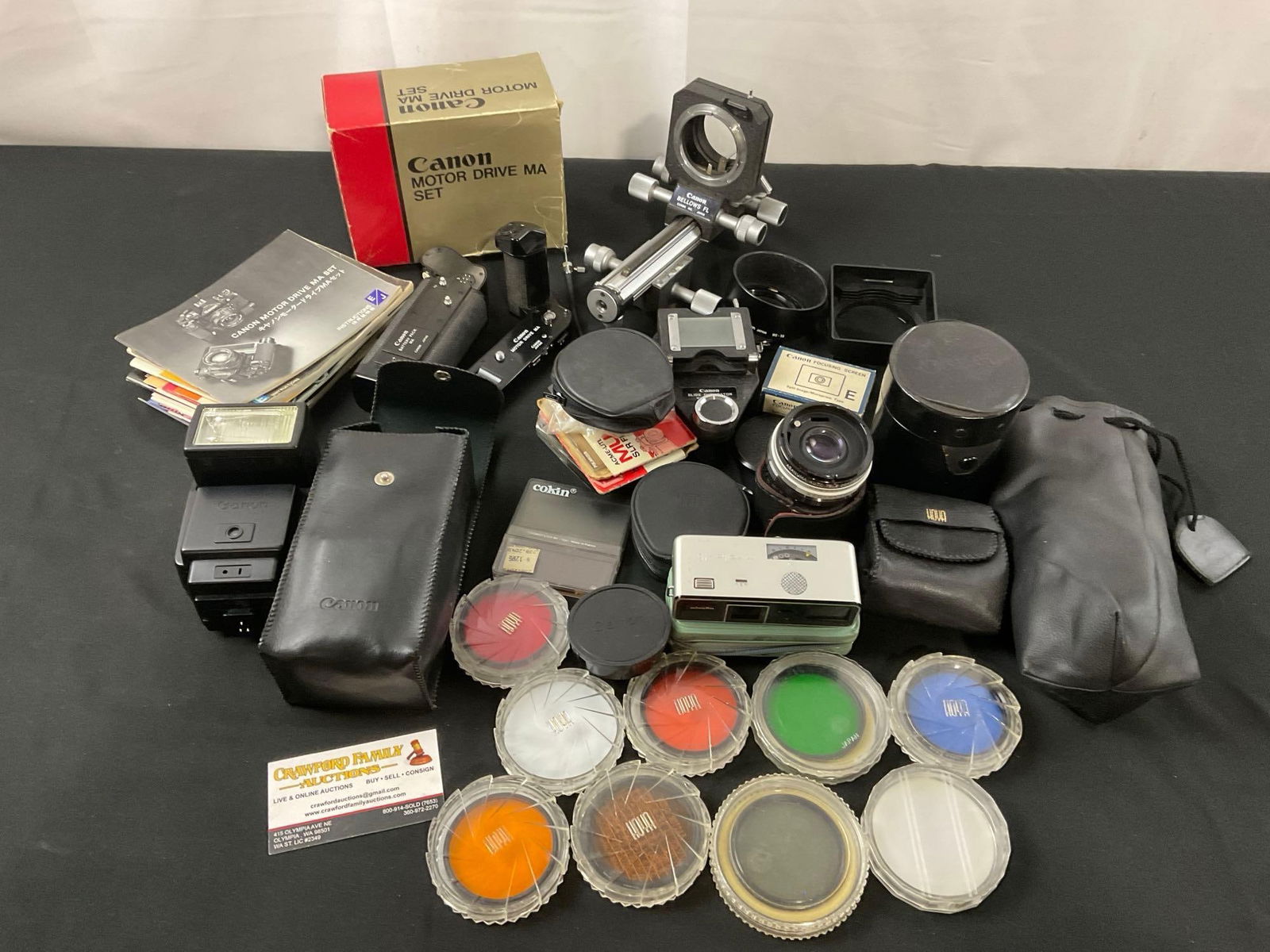 Canon Motor Drive MA Set, Flash Module & Minolta-16 Model-P Pocket Camera & more Accessories: Also includes 20 something camera filters, canon bellows fl, slide duplicator and more. Appears to be in good shape. See pics. E-2687