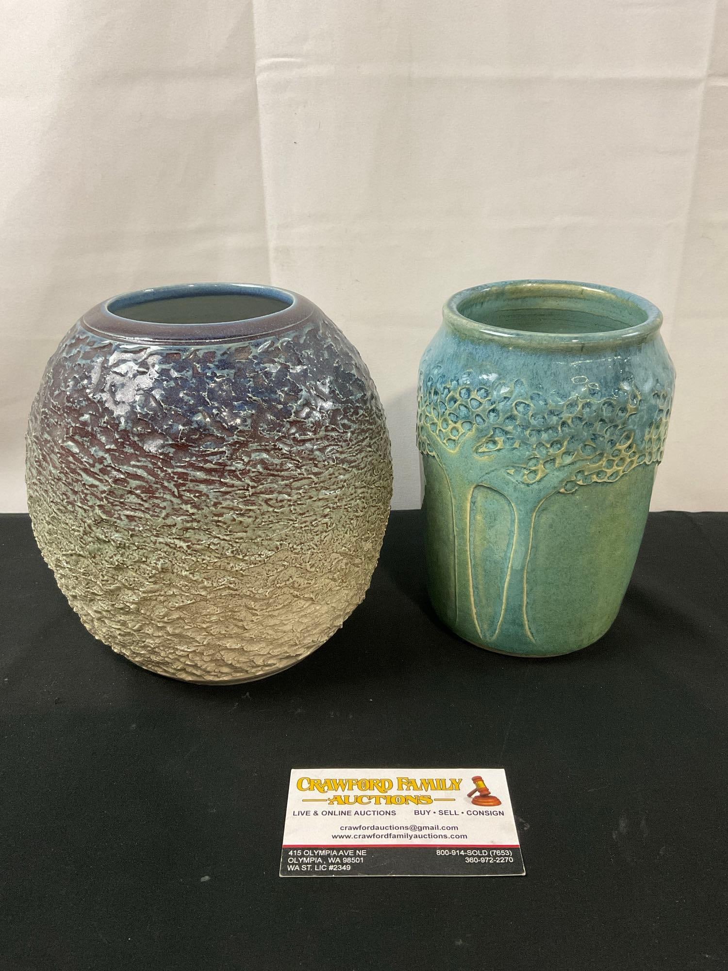 Pair of Glazed Stoneware Vases w/ Textured finish, Purple/Beige Swirl & Blue/Seafoam Green Trees (1 of 6)