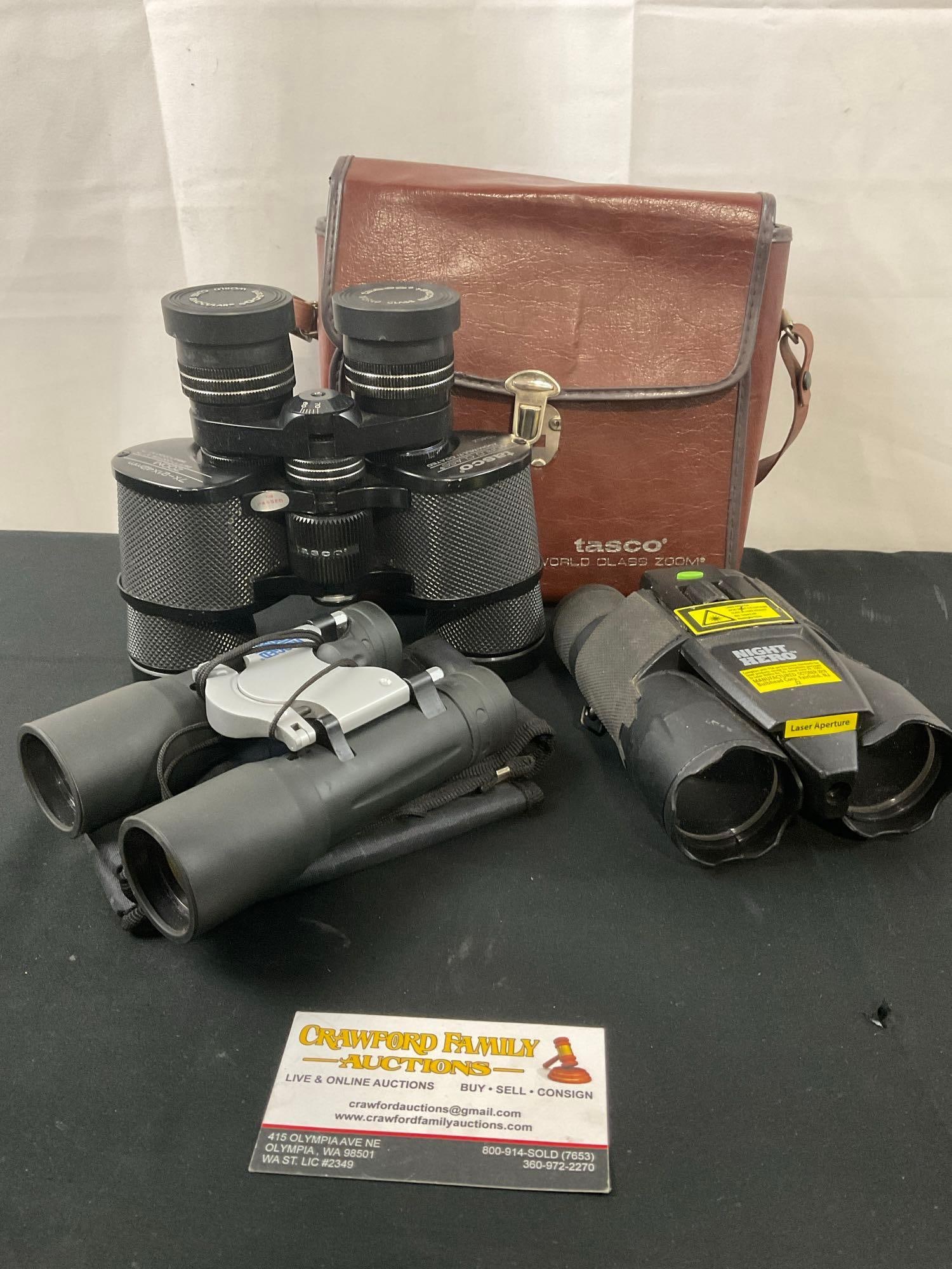 3x Sets of Binoculars, Tasco 7x-21x42mm w/ Leather Case, Night Hero w/ Laser Sight & Rugged Expos... (1 of 4)