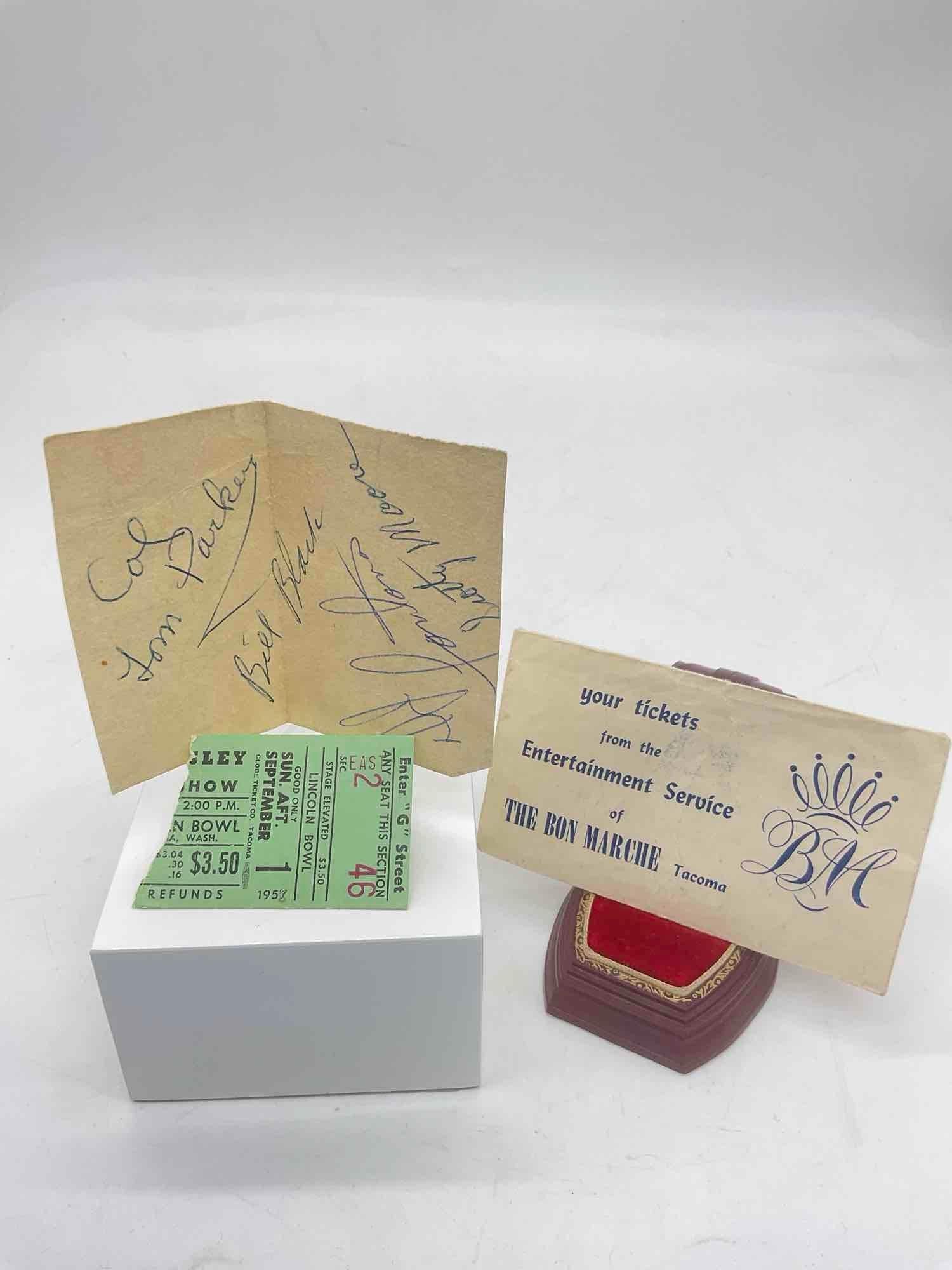 Signed card by Elvis Presley's Band and Manager w/ Ticket from 1957 Lincoln Bowl Tacoma Performance (1 of 4)
