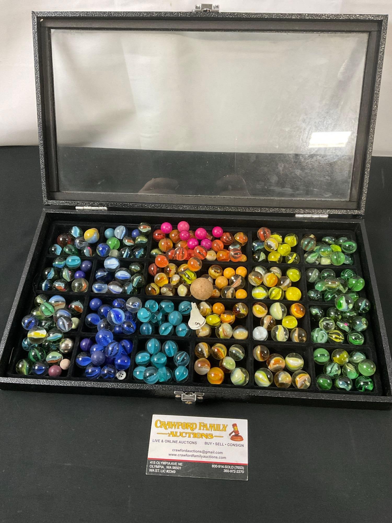 Assorted Vintage Marbles in Leather Display Case w/ Glass Top, roughly 150-200 pieces (1 of 4)