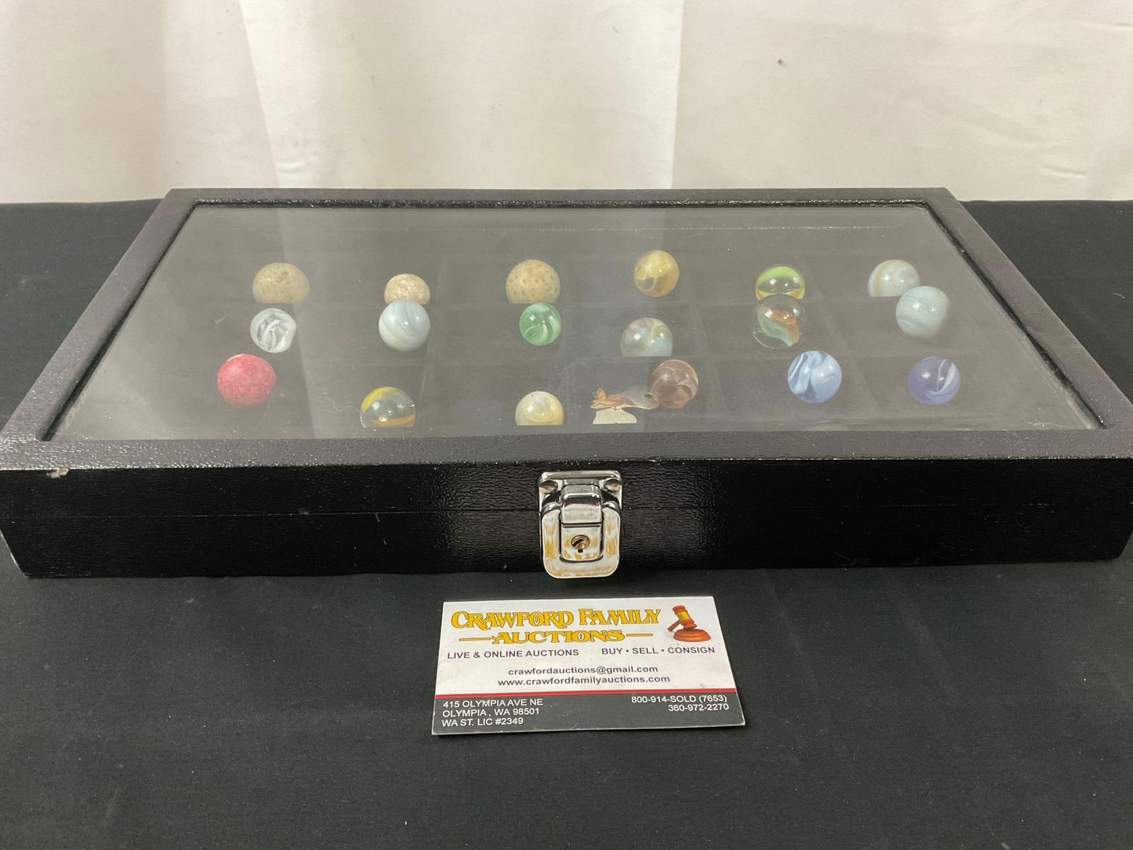 Collection of Vintage / Antique Larger Marbles in Leather Display Case w/ Glass Top, 24 pieces (1 of 5)