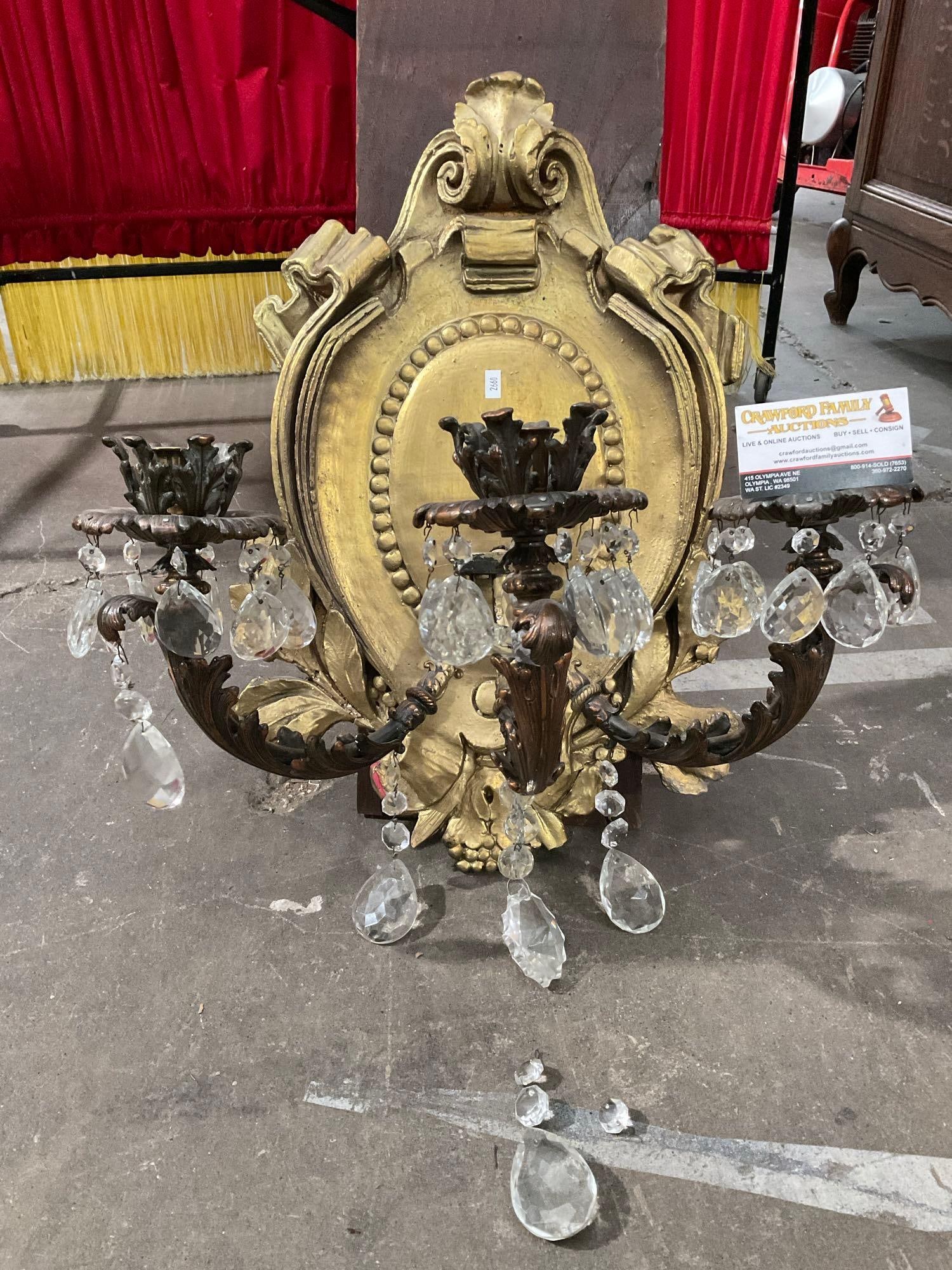 Vintage Copper & Glass Crystal Candelabra on Gold Painted Composite Wall Plaque. As Is. See pics. (1 of 11)