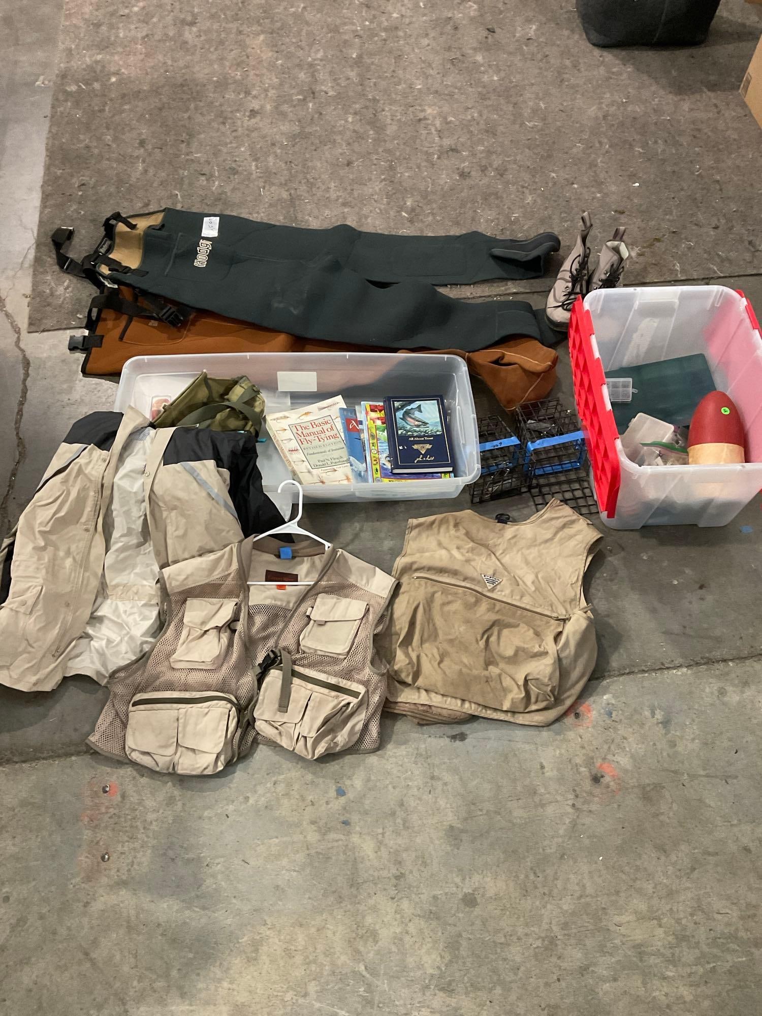 Mass Fishing Collectiong w/ Lots of gear incl. 2x Hodgman Waders, Vests & a Jacket,: A lot of tackle incl hooks & Lures, shoes sz 10. & More!! Gear is in good condition. See pics. T-2001