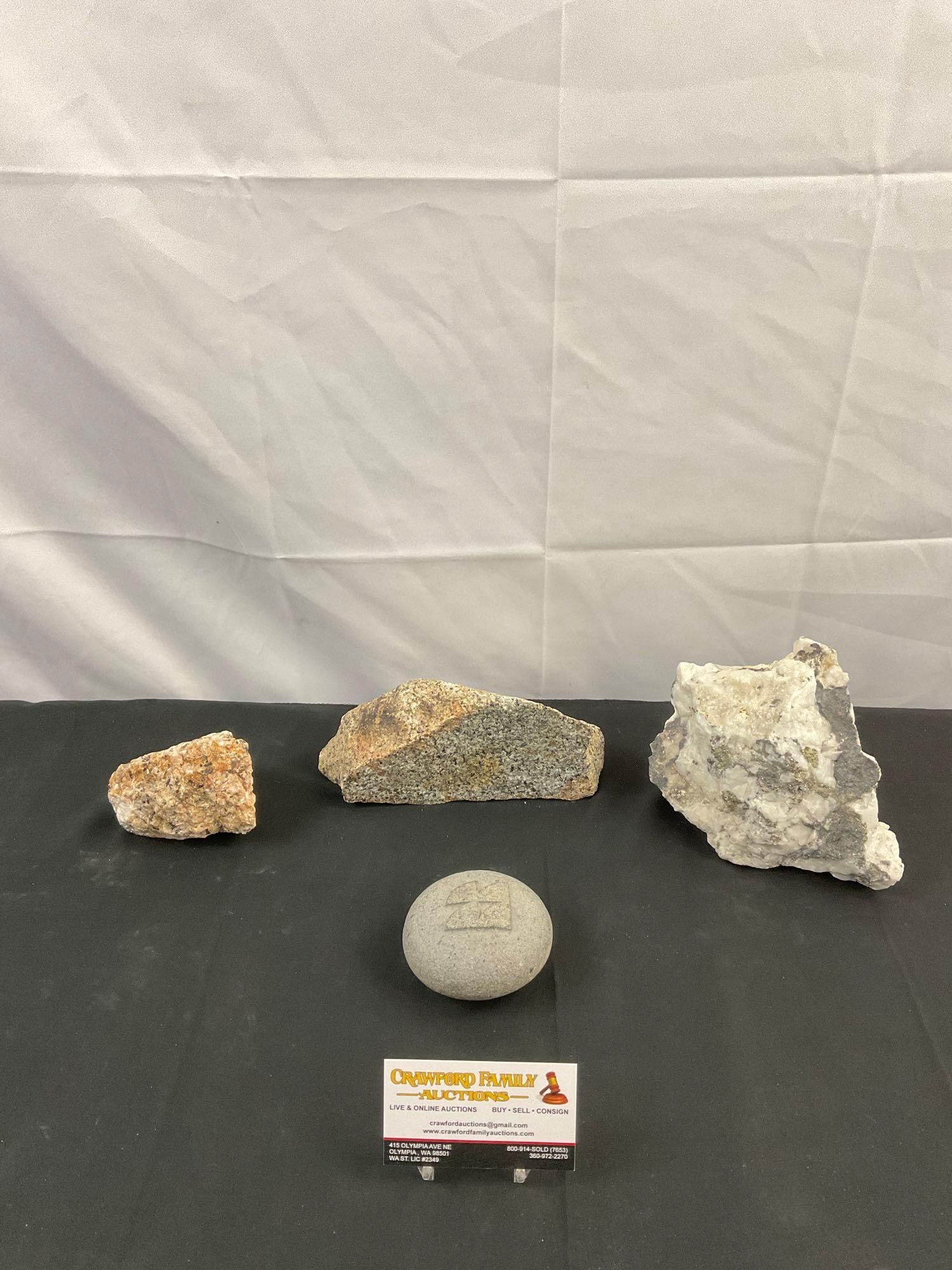 4 pcs Vintage Rock Collection. Granite w/ Garnet Inclusions, Quartz w/ Pyrite. Carved Stone. See: 4 pcs Vintage Rock Collection. Granite w/ Garnet Inclusions, Quartz w/ Pyrite. Carved Stone, unknown symbol: looks like sails. Largest measures 7" x 4" Condition is fair to good. DM-2678