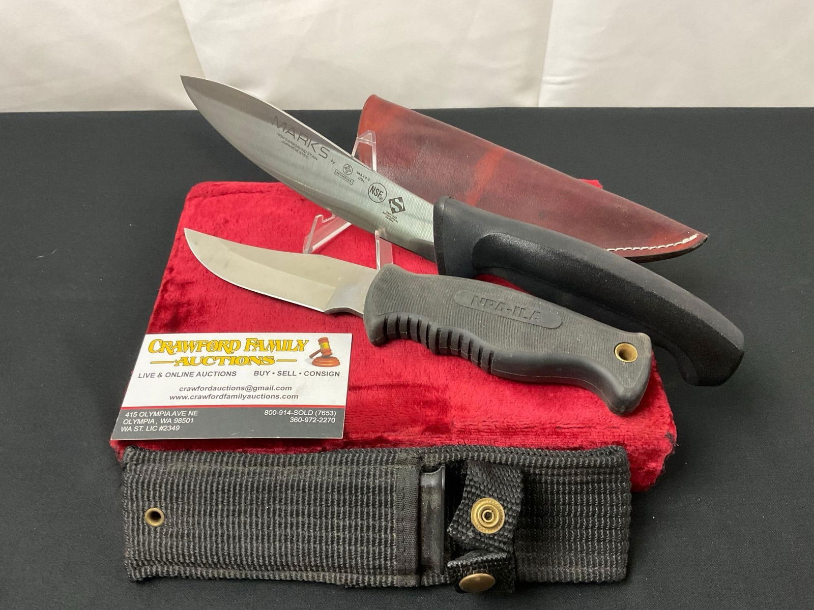 Pair of Vintage Fixed Blade Knives, Marks by Mundial, NRA-ILA Stone River w/ sheaths (1 of 3)