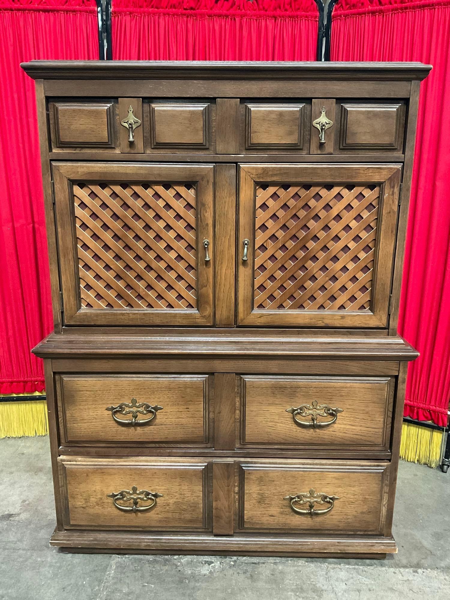 Vintage Wheeled Wooden Cabinet w/ Lattice Front Cupboard, 5 Drawers & Brass Pulls. See pics.: Vintage Wheeled Wooden Cabinet w/ Lattice Front Cupboard, 5 Drawers & Brass Pulls. Measures 38" x 54.5" Condition is fair to good. DM-2649