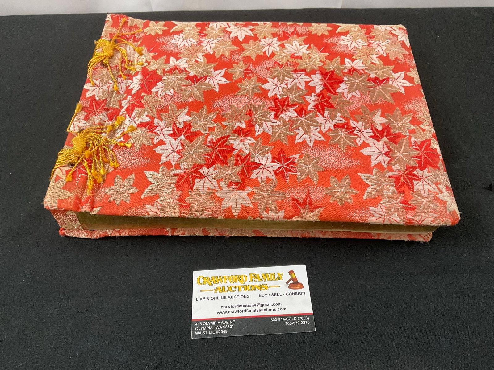 Vintage Black & White Photo Album of Japan, Beautiful Satin Autumn Leaves Patterned Album: Shows scenes of Mt. Fuji, Buddhist & Shinto Temples, and other scenes around Japan. Appears to be in good shape. See pics. E-2384