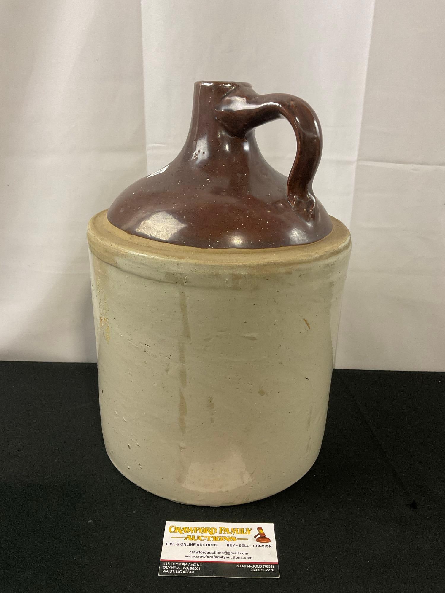 Antique Stoneware Crock Jug, Two Tone, Brown & Beige w/ Handle (1 of 4)