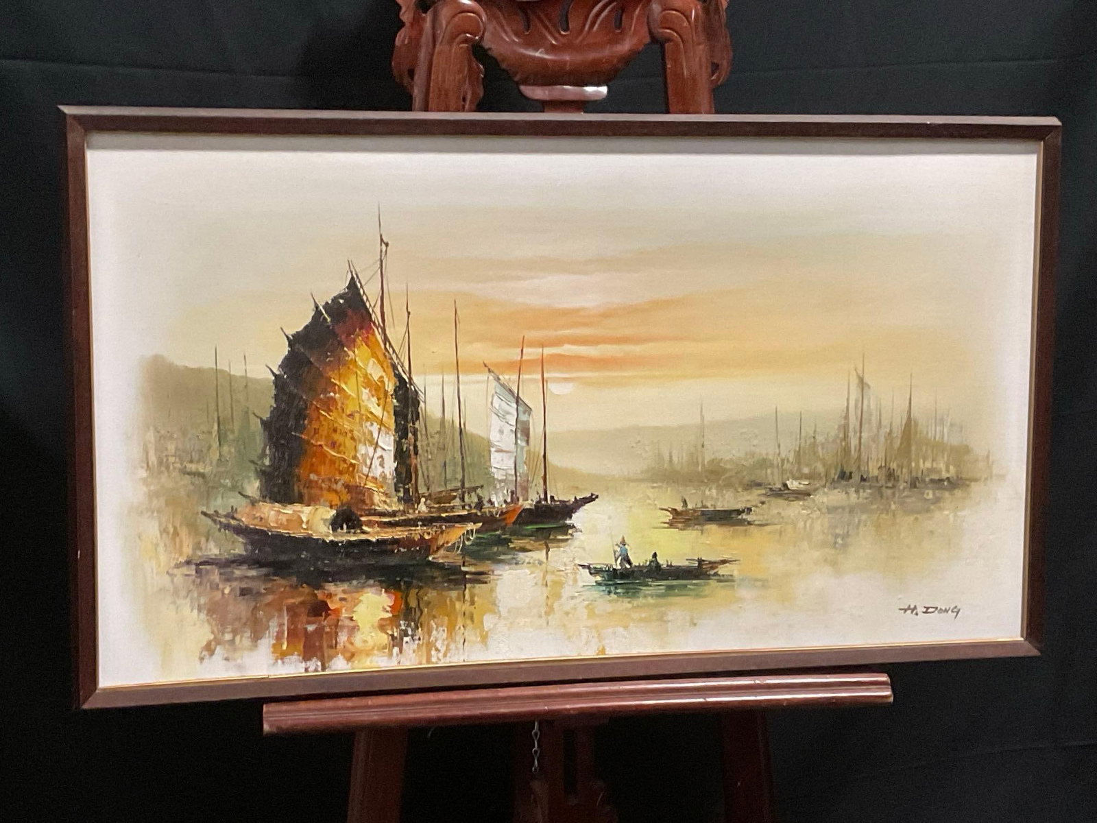 Vintage Framed Oil on Canvas, Chinese Junk Fishing Boats by Artist H. Dong: Seems to be in good shape. The frame measures about 21.25h x 37.5w inches. See pics. E-2690