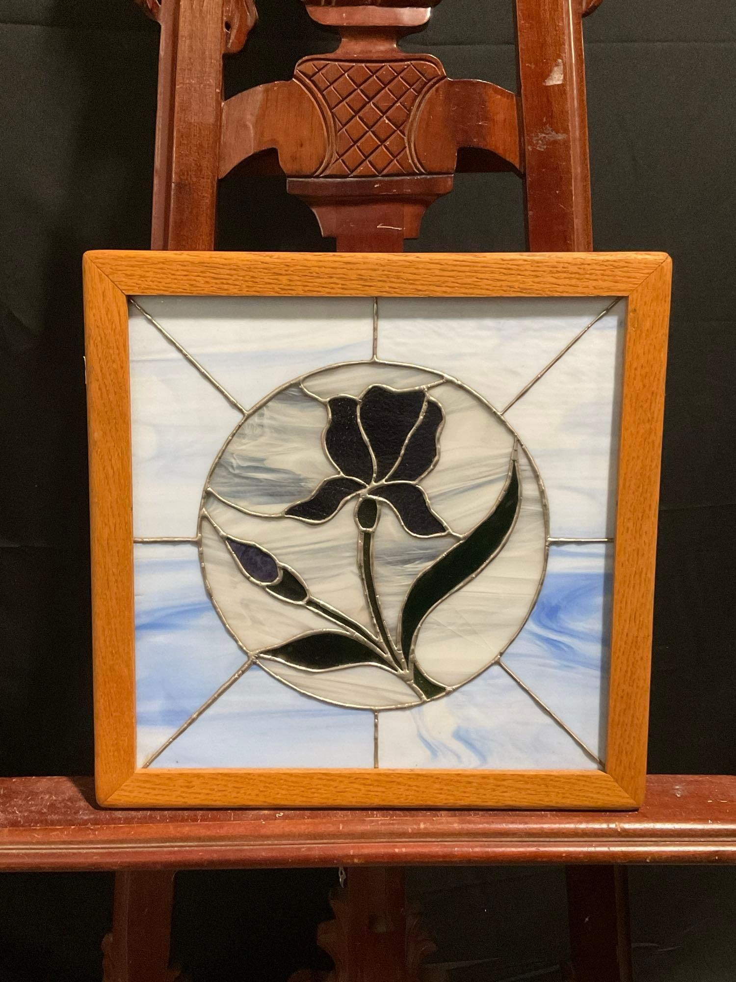 Framed Stained Glass Window, Blue Iris in a White Circle w/ Light Blue Background (1 of 3)
