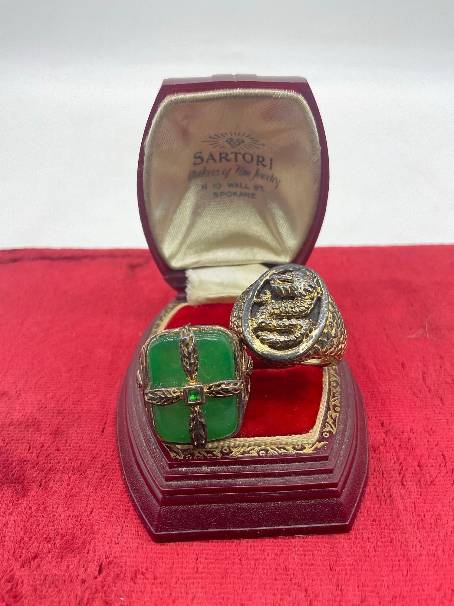 Pair of sterling silver vintage rings w/ tarnished gold tone finish - Dragon signet & Victorian r... (1 of 5)