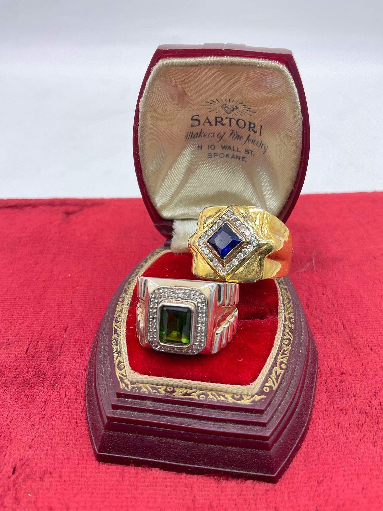 Pair of large sterling silver cocktail rings with large green & blue with CZ glass settings (1 of 4)