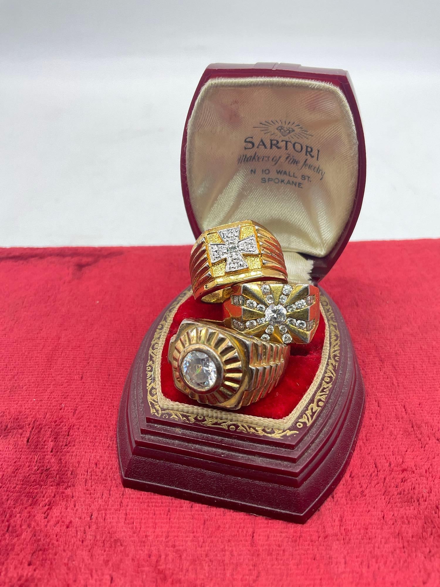 3x sterling silver vermeil CZ laden rings incl. cross ring, setting sun signet ring, etc (1 of 3)