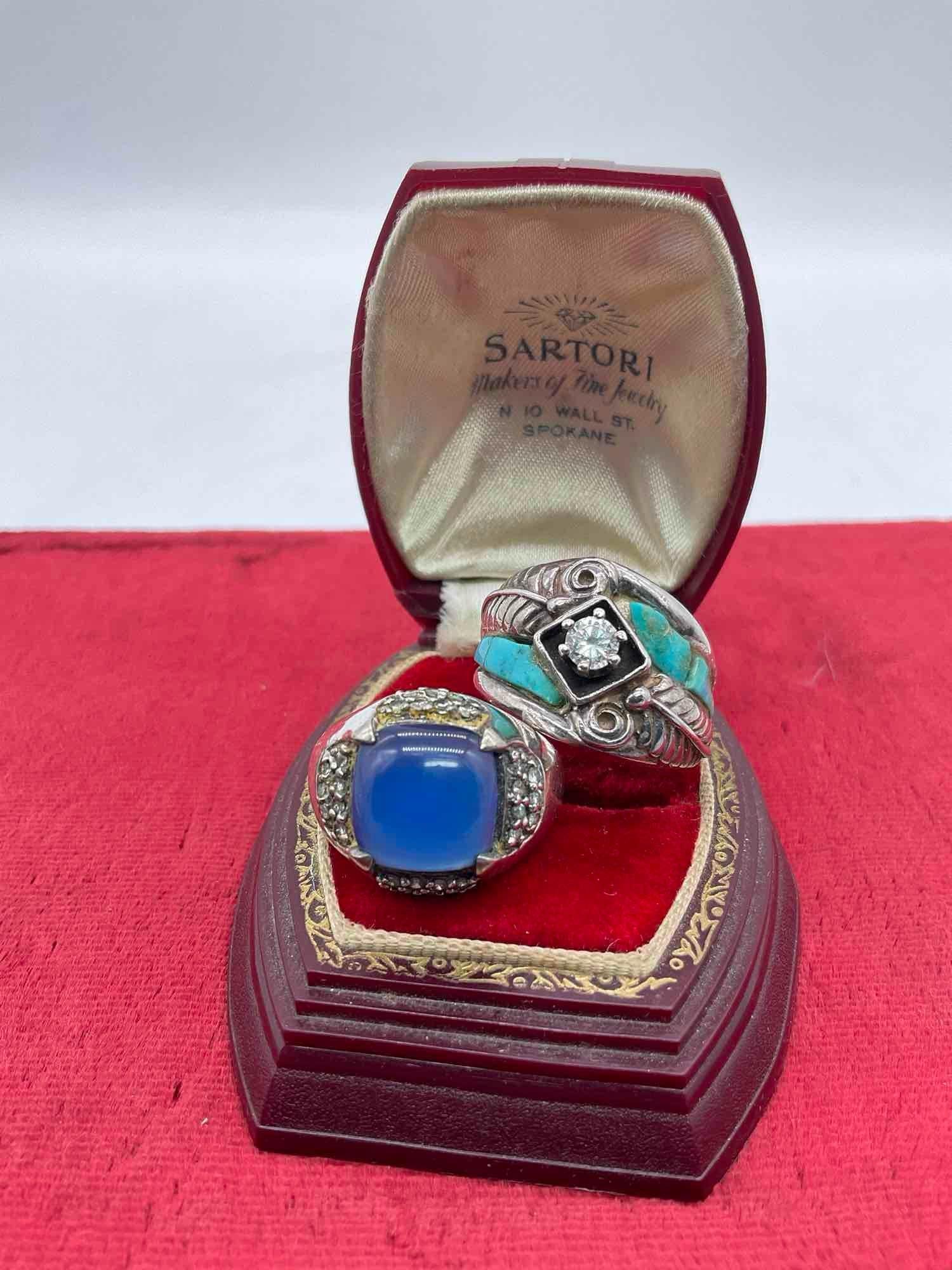 Pair of sterling silver rings - crude turquoise and Cz feather ring & blue agate ring (1 of 3)