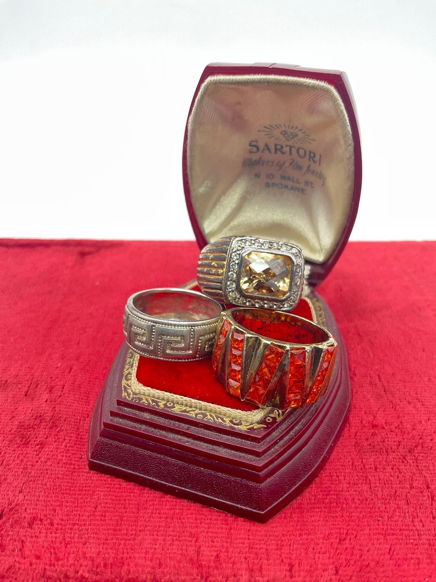 3x sterling silver rings incl. faded gold tone orange cz mid century cocktail ring + 2 more (1 of 3)